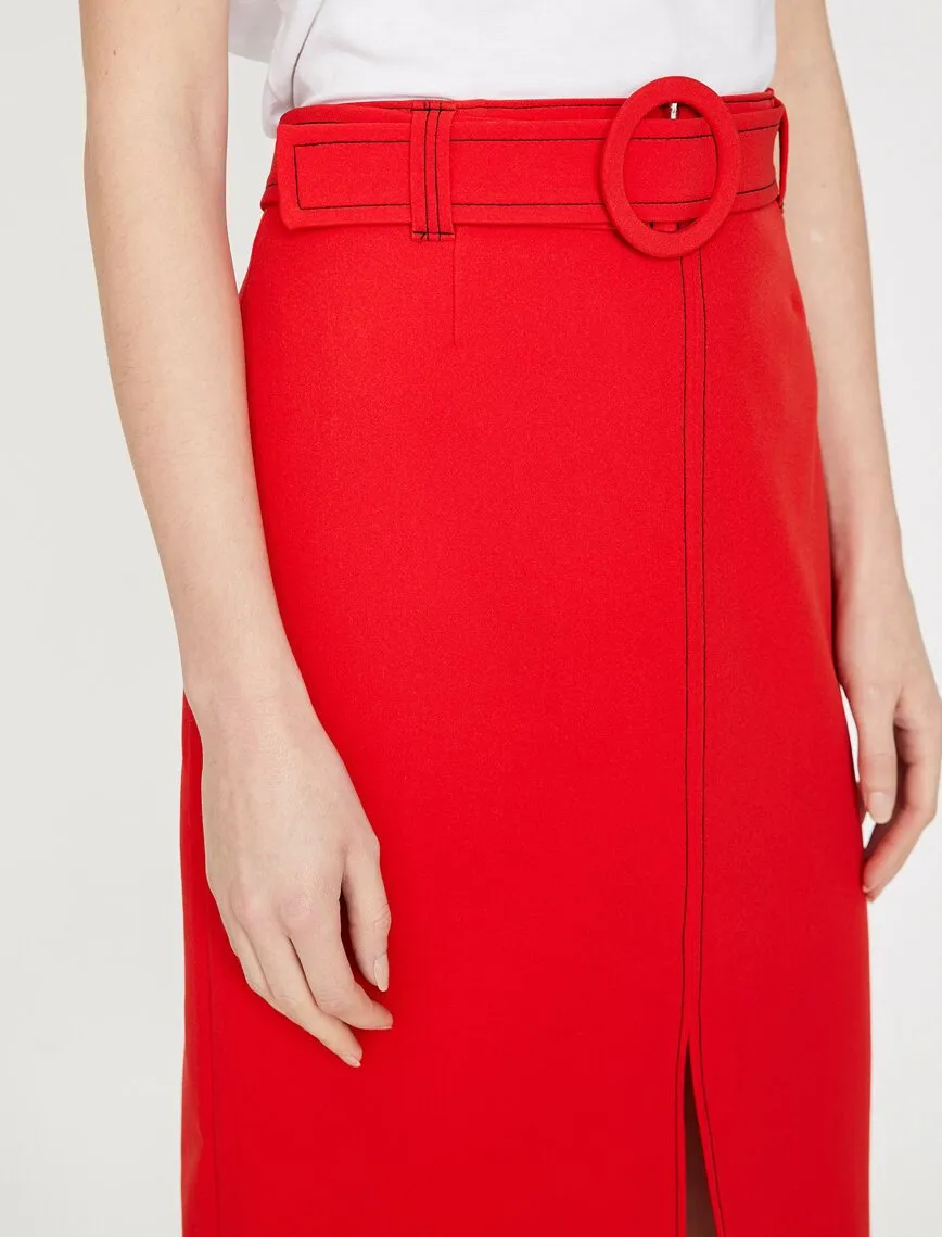 11992 Red Slit Detailed Midi Skirt