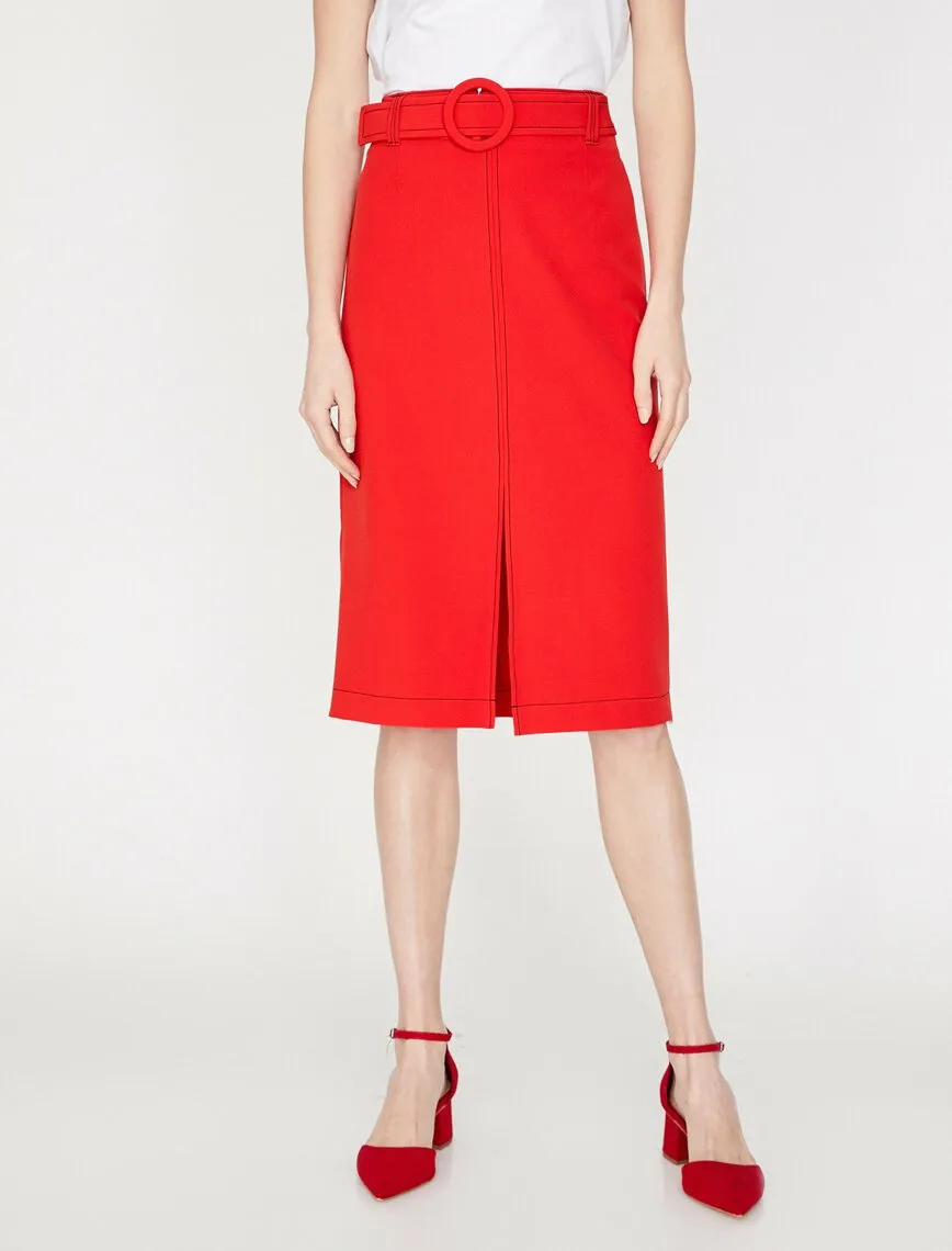 11992 Red Slit Detailed Midi Skirt