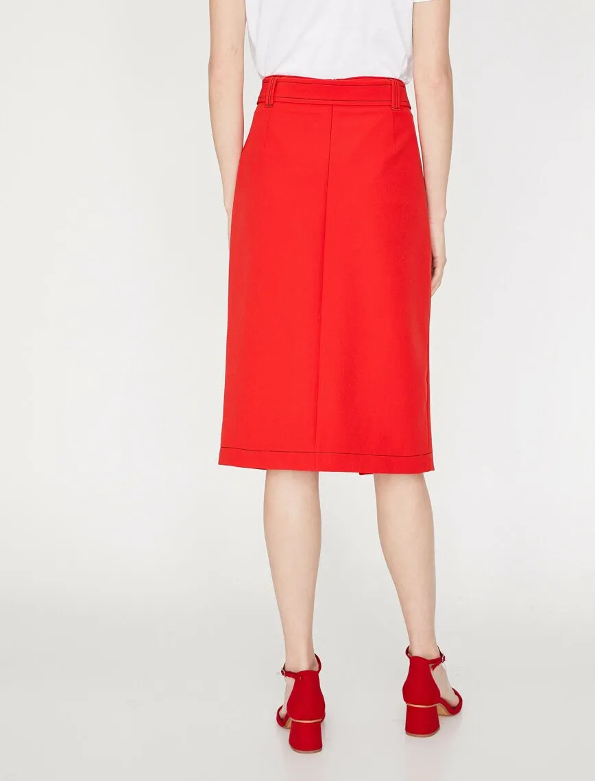 11992 Red Slit Detailed Midi Skirt