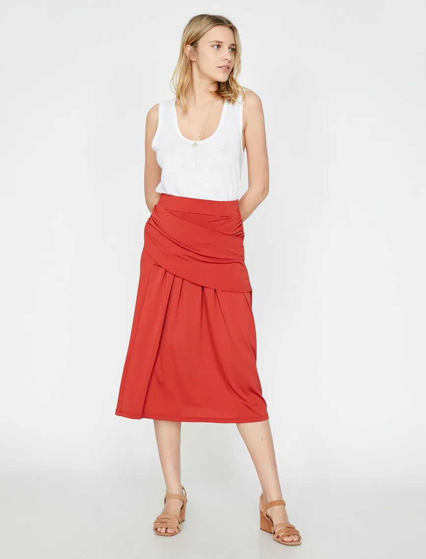 12159 Terracotta Frill Detailed Midi Skirt