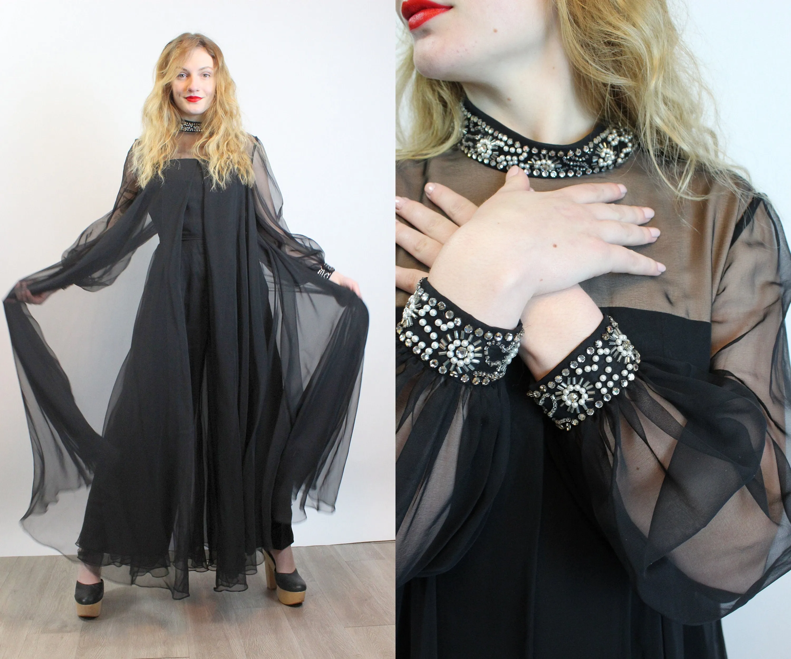 1960s SILK CHIFFON cape jumpsuit rhinestones small | new spring