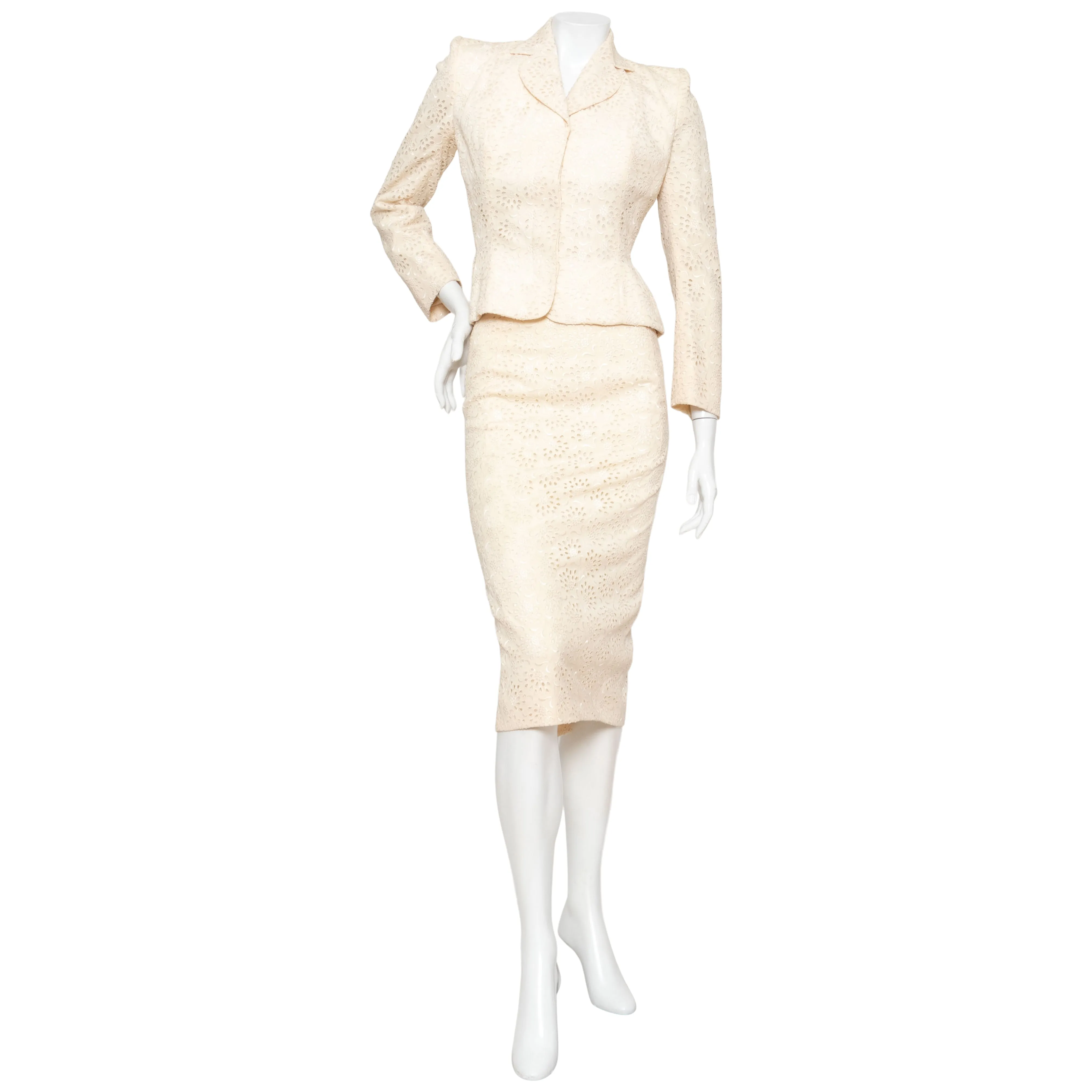 1996 Ivory Broderie Anglaise Skirt Suit