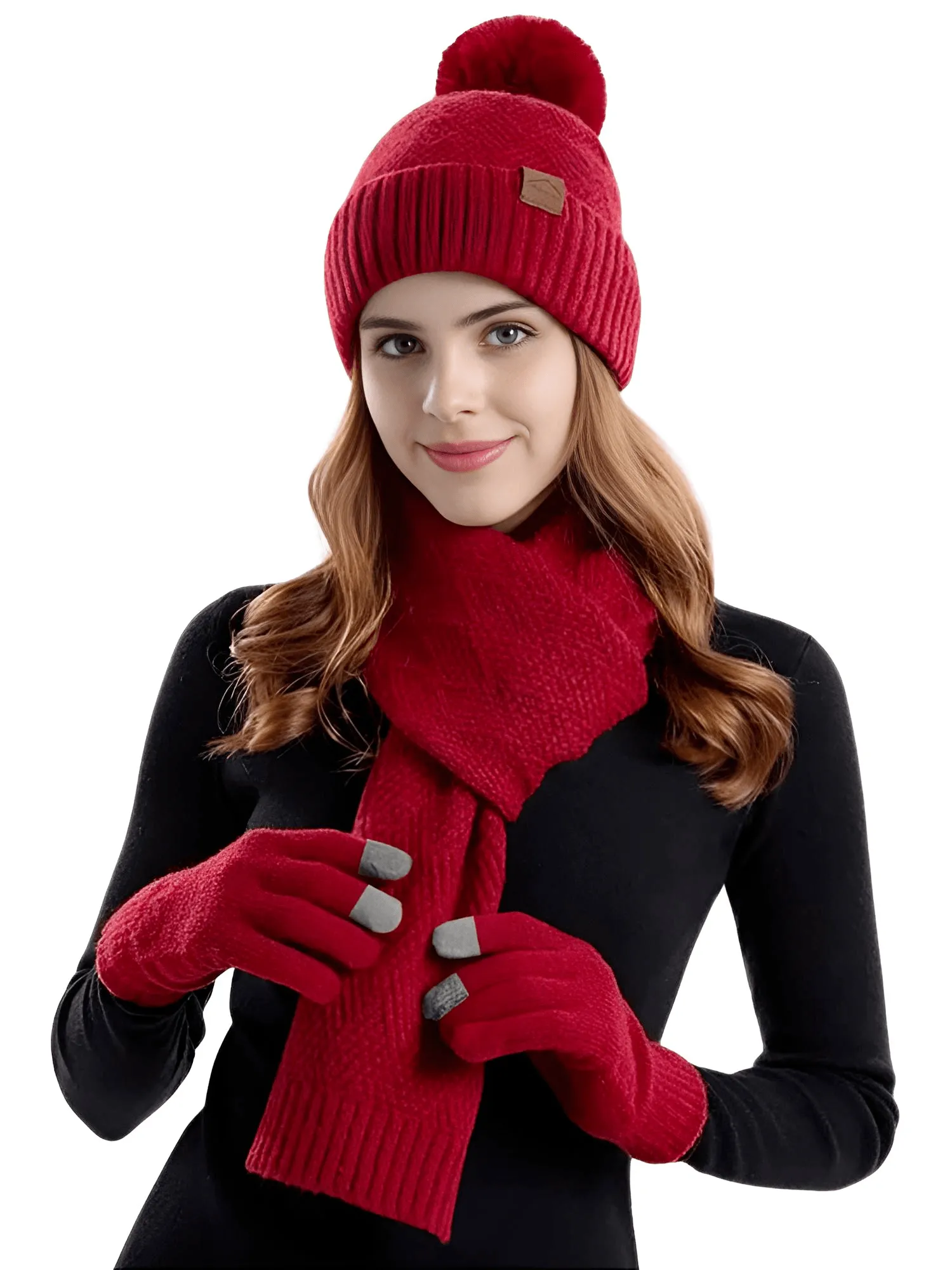 3-Piece Winter Set Beanie Hat Scarf Touchscreen Gloves Set for Women Warm Knit Fleece Lined Hat Set