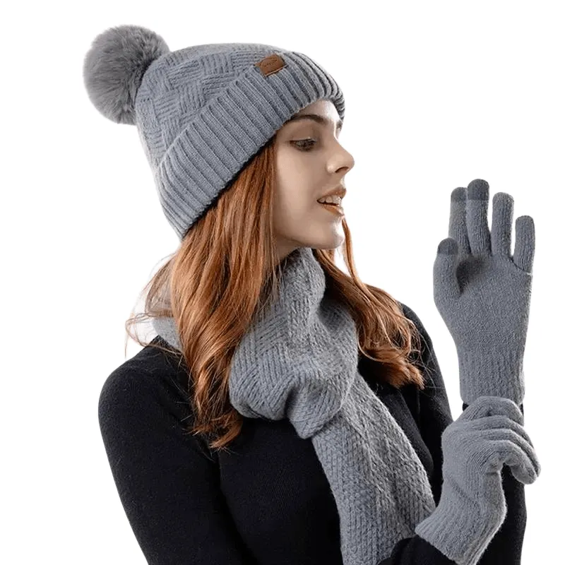 3-Piece Winter Set Beanie Hat Scarf Touchscreen Gloves Set for Women Warm Knit Fleece Lined Hat Set