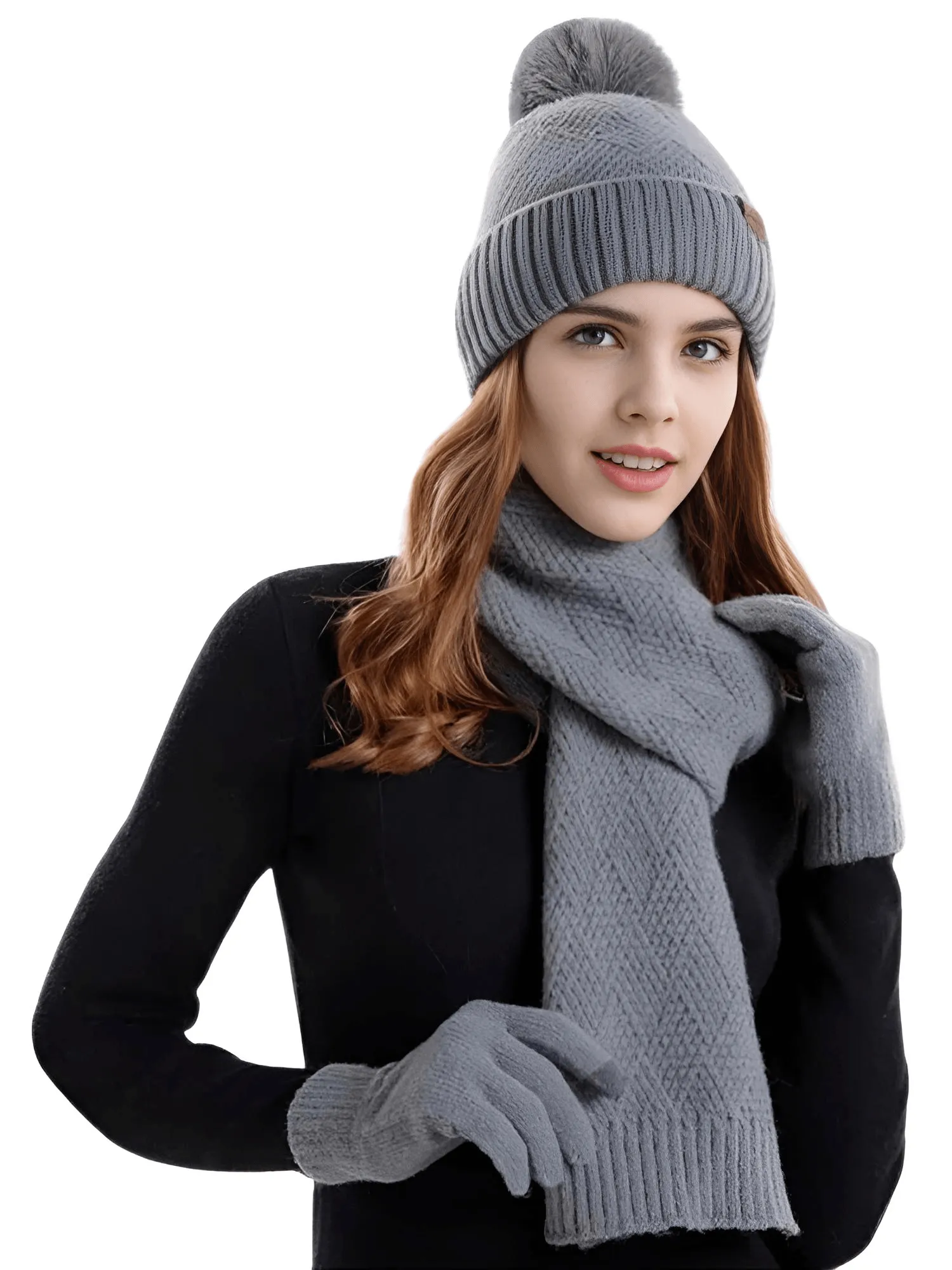 3-Piece Winter Set Beanie Hat Scarf Touchscreen Gloves Set for Women Warm Knit Fleece Lined Hat Set