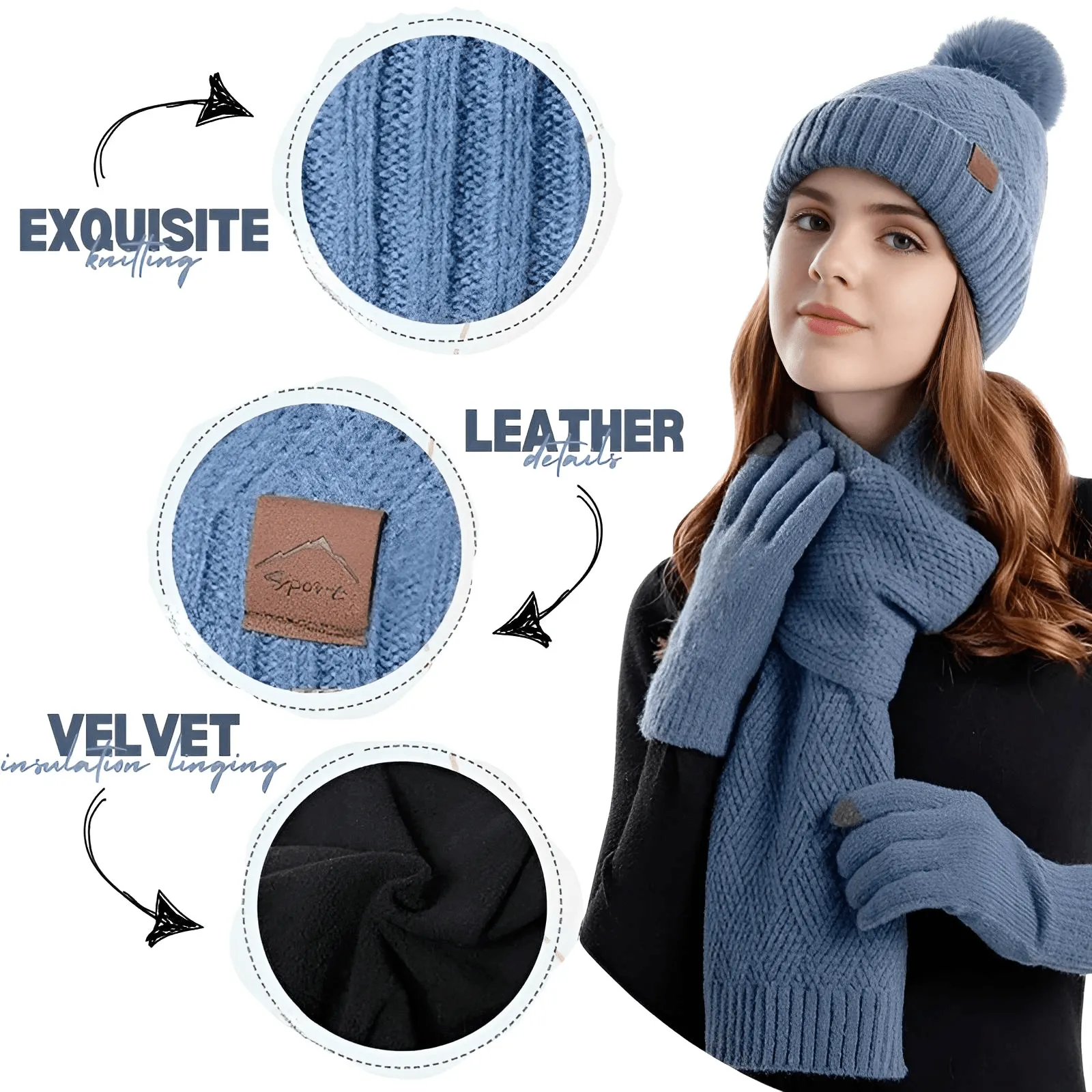 3-Piece Winter Set Beanie Hat Scarf Touchscreen Gloves Set for Women Warm Knit Fleece Lined Hat Set