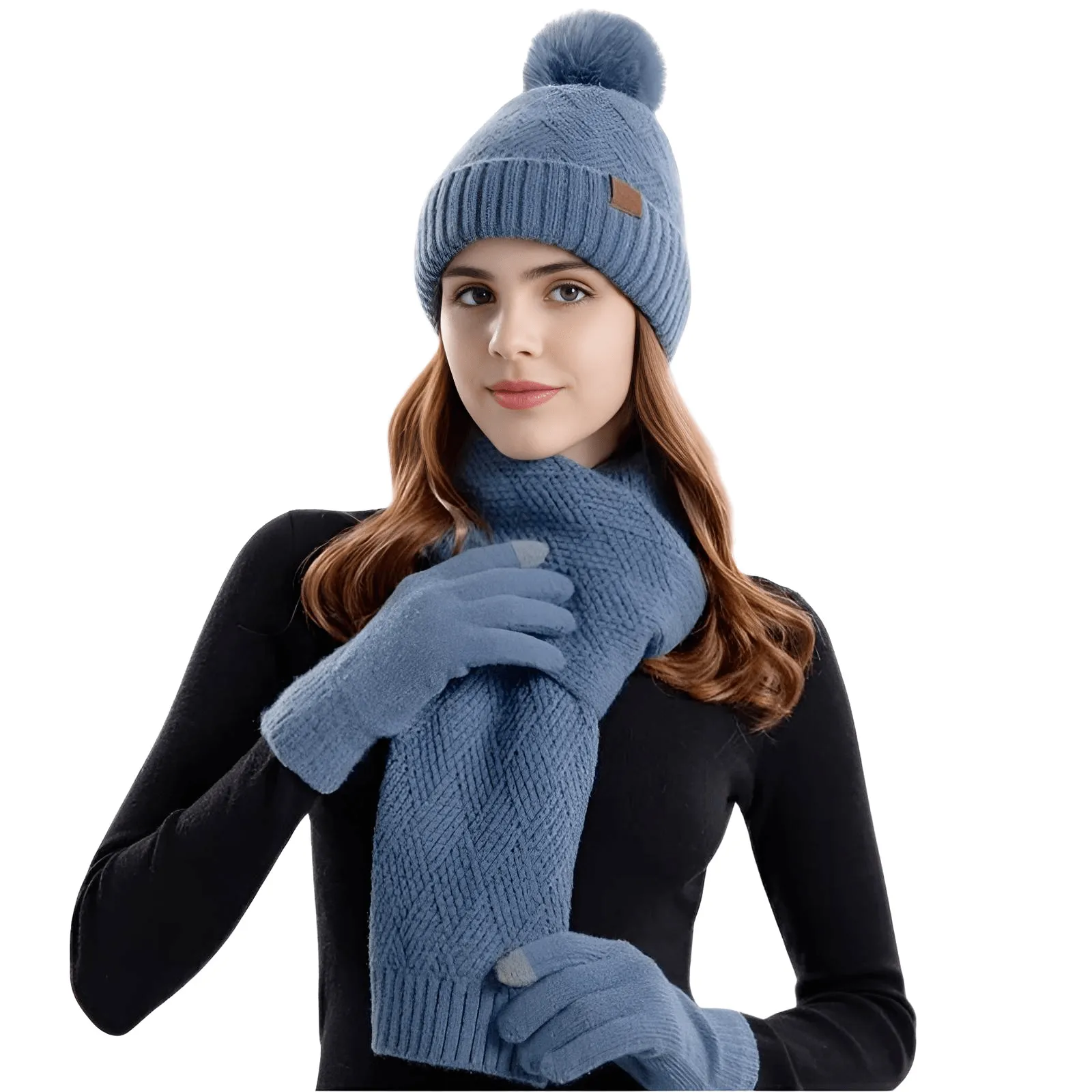 3-Piece Winter Set Beanie Hat Scarf Touchscreen Gloves Set for Women Warm Knit Fleece Lined Hat Set