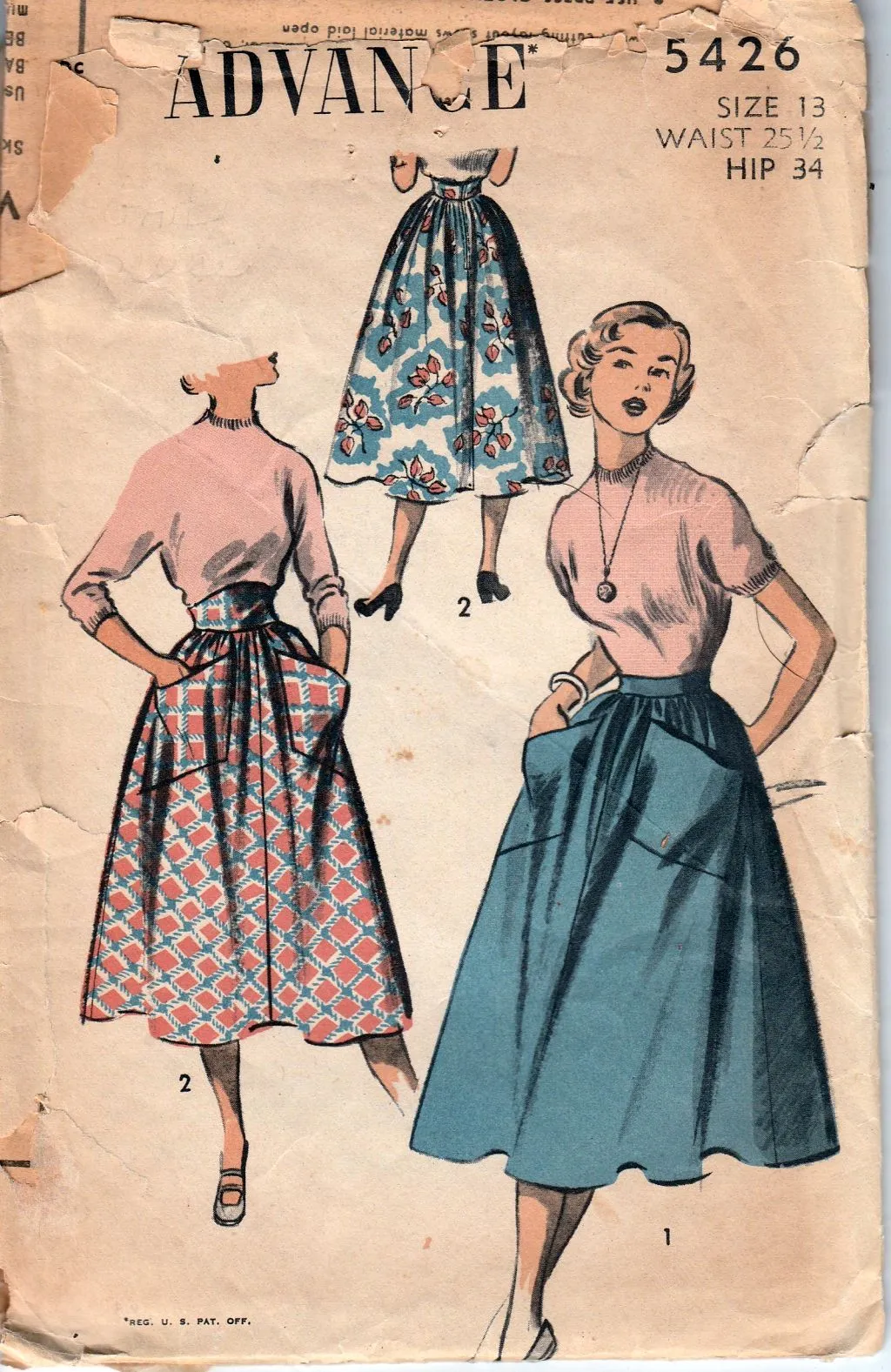 Advance 5426 Ladies High Waisted Skirt Vintage Sewing Pattern 1950's Unprinted