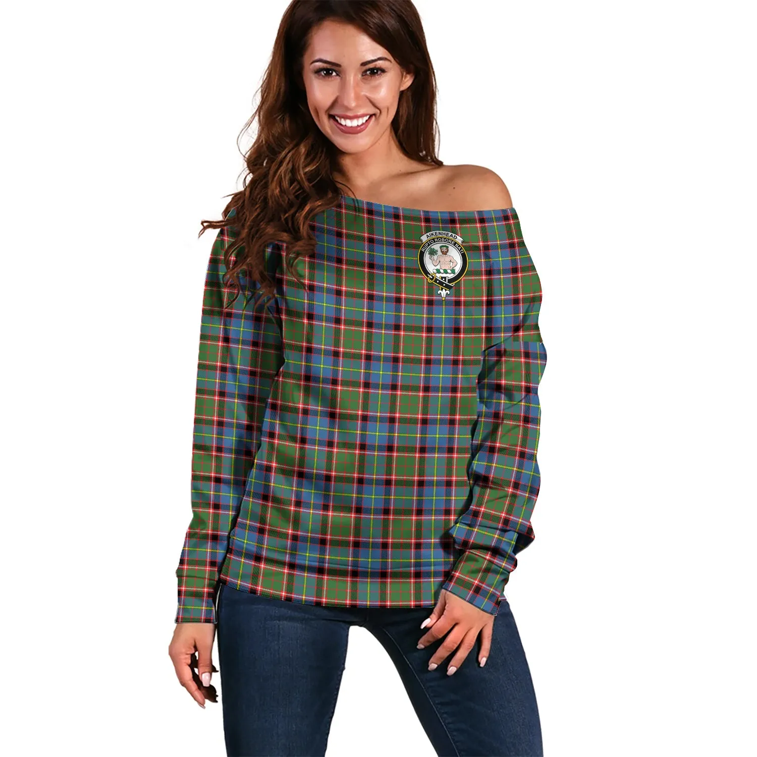 Aikenhead Tartan Off Shoulder Women Sweater with Family Crest