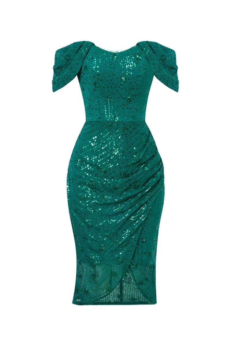 ALTHEA EMERALD DRAPED OFF-SHOULDER MIDI DRESS