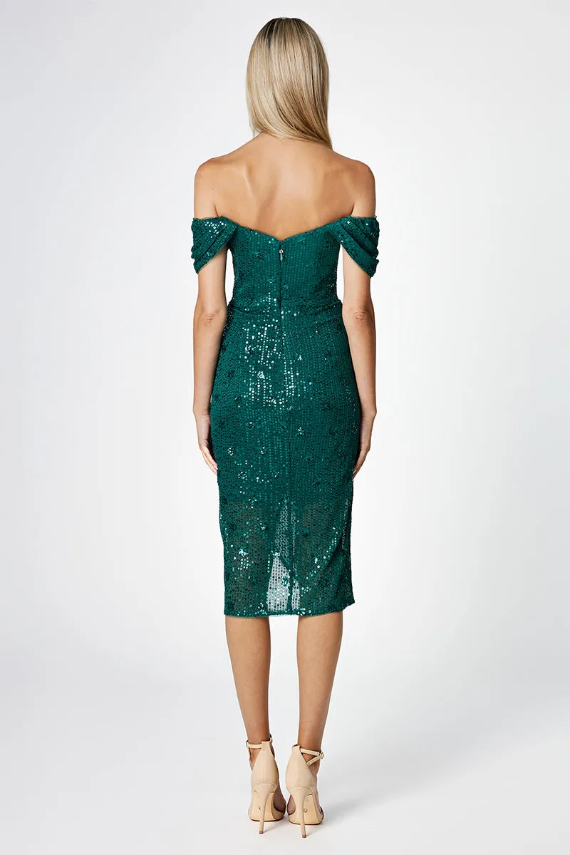 ALTHEA EMERALD DRAPED OFF-SHOULDER MIDI DRESS