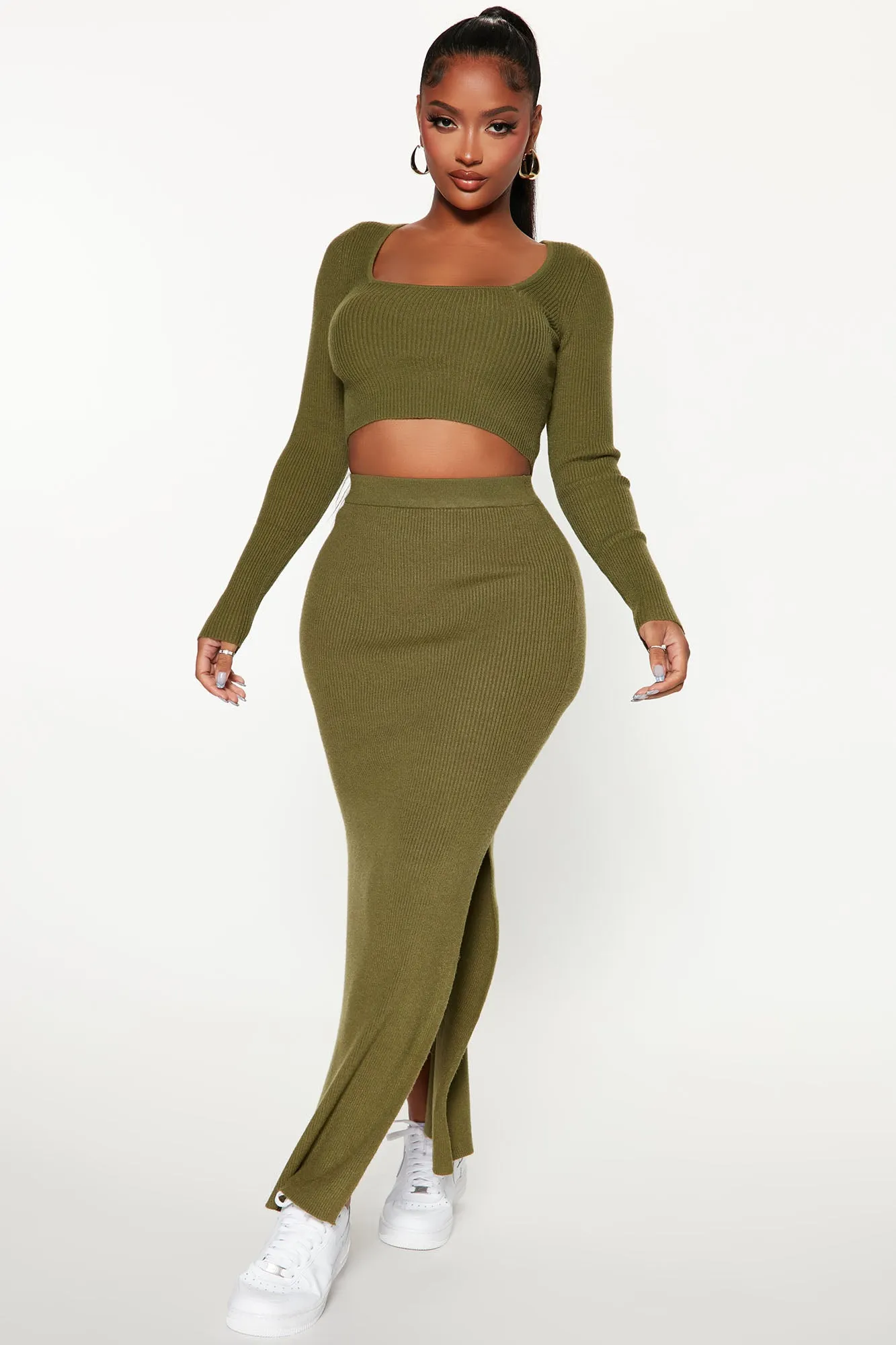 Always Chill Ribbed Skirt Set - Olive