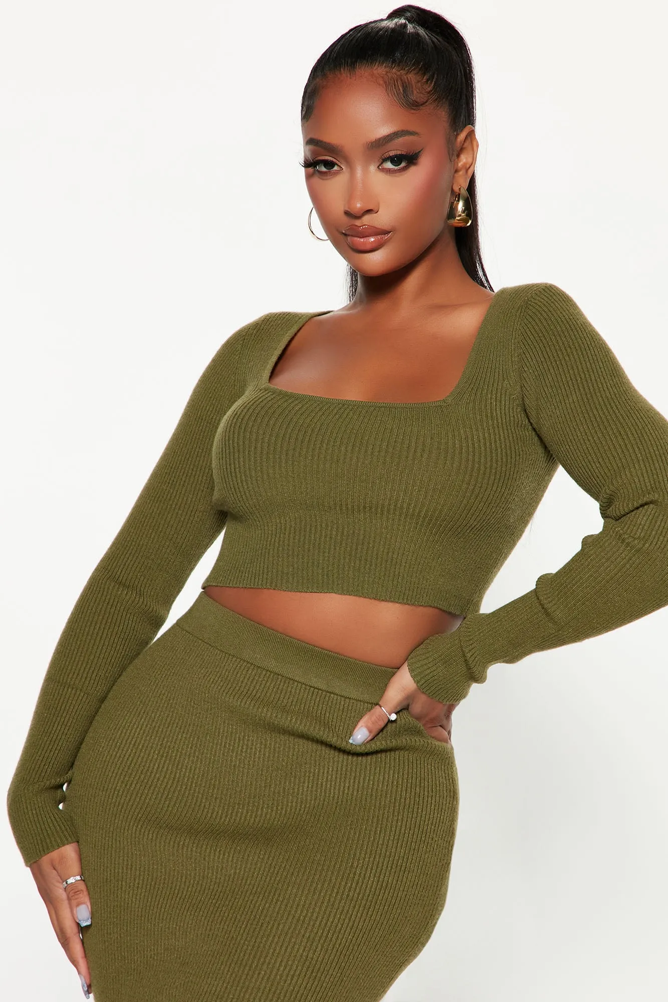 Always Chill Ribbed Skirt Set - Olive