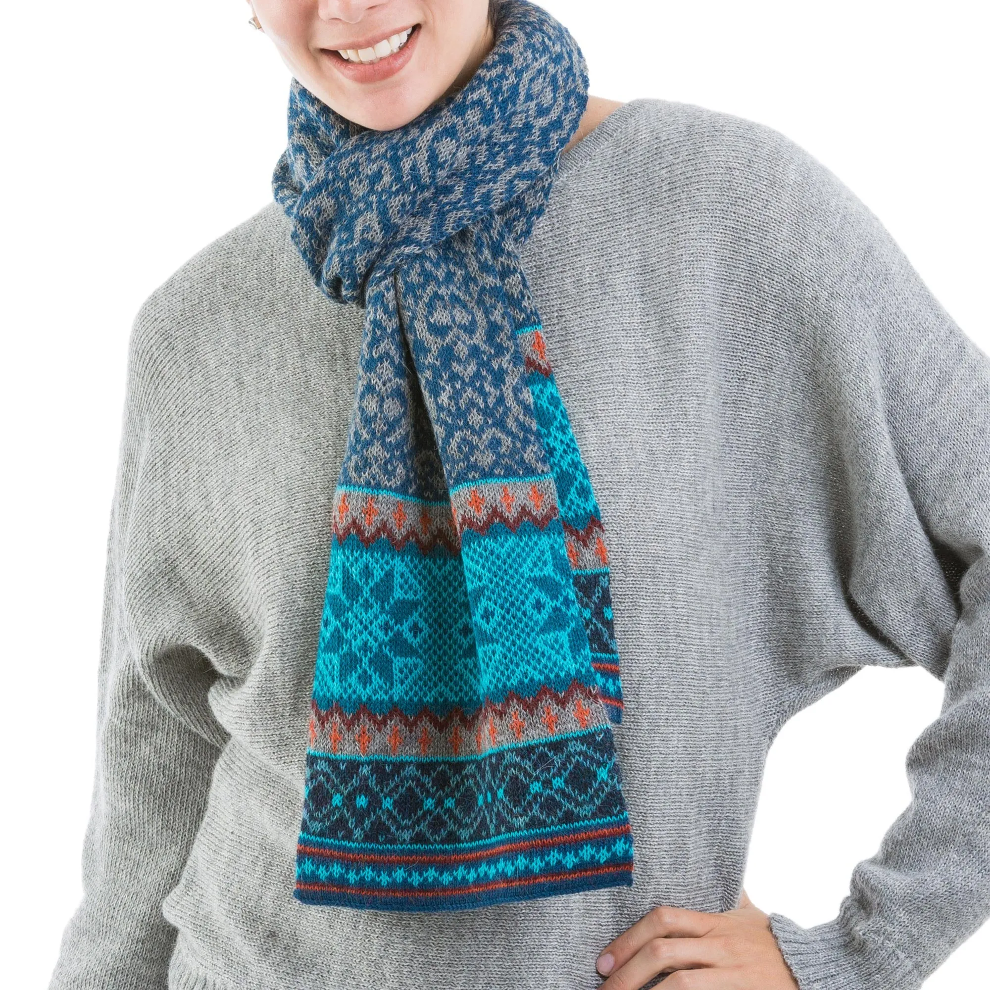 Andean Snowfall 100% Alpaca Wrap Scarf in Azure and Smoke from Peru