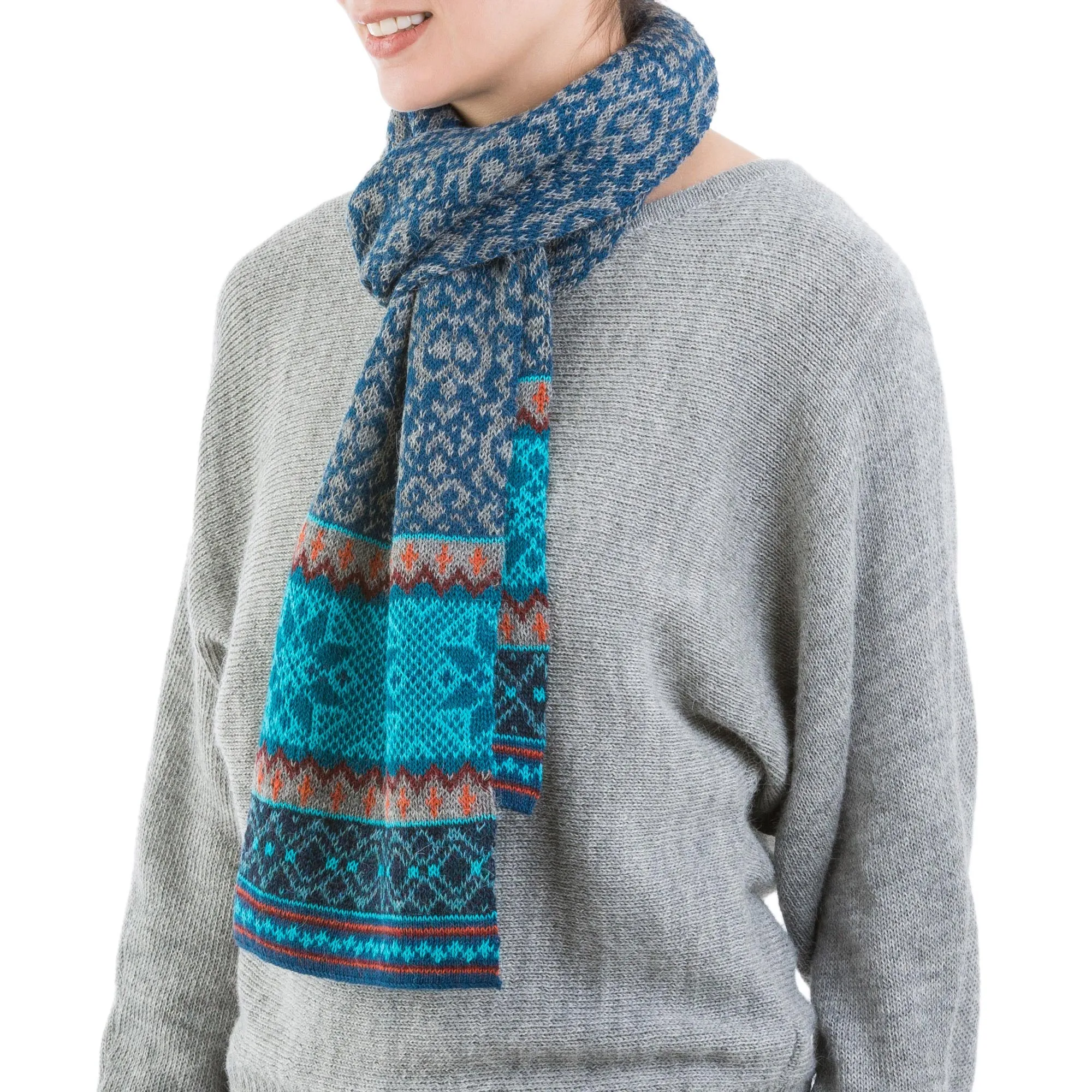 Andean Snowfall 100% Alpaca Wrap Scarf in Azure and Smoke from Peru