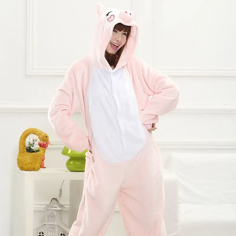 Animal Kigurumis Onesies Sleepwear for Adult Cartoon Pink Pig Women Pajama Winter Homewear Jumpsuit Pajama Suit Woman Rompers