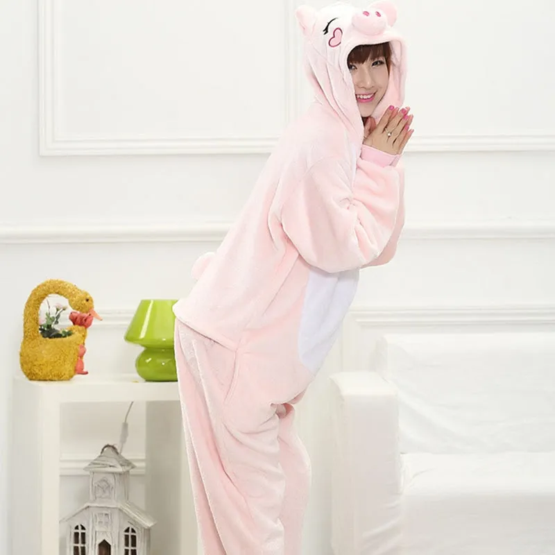 Animal Kigurumis Onesies Sleepwear for Adult Cartoon Pink Pig Women Pajama Winter Homewear Jumpsuit Pajama Suit Woman Rompers