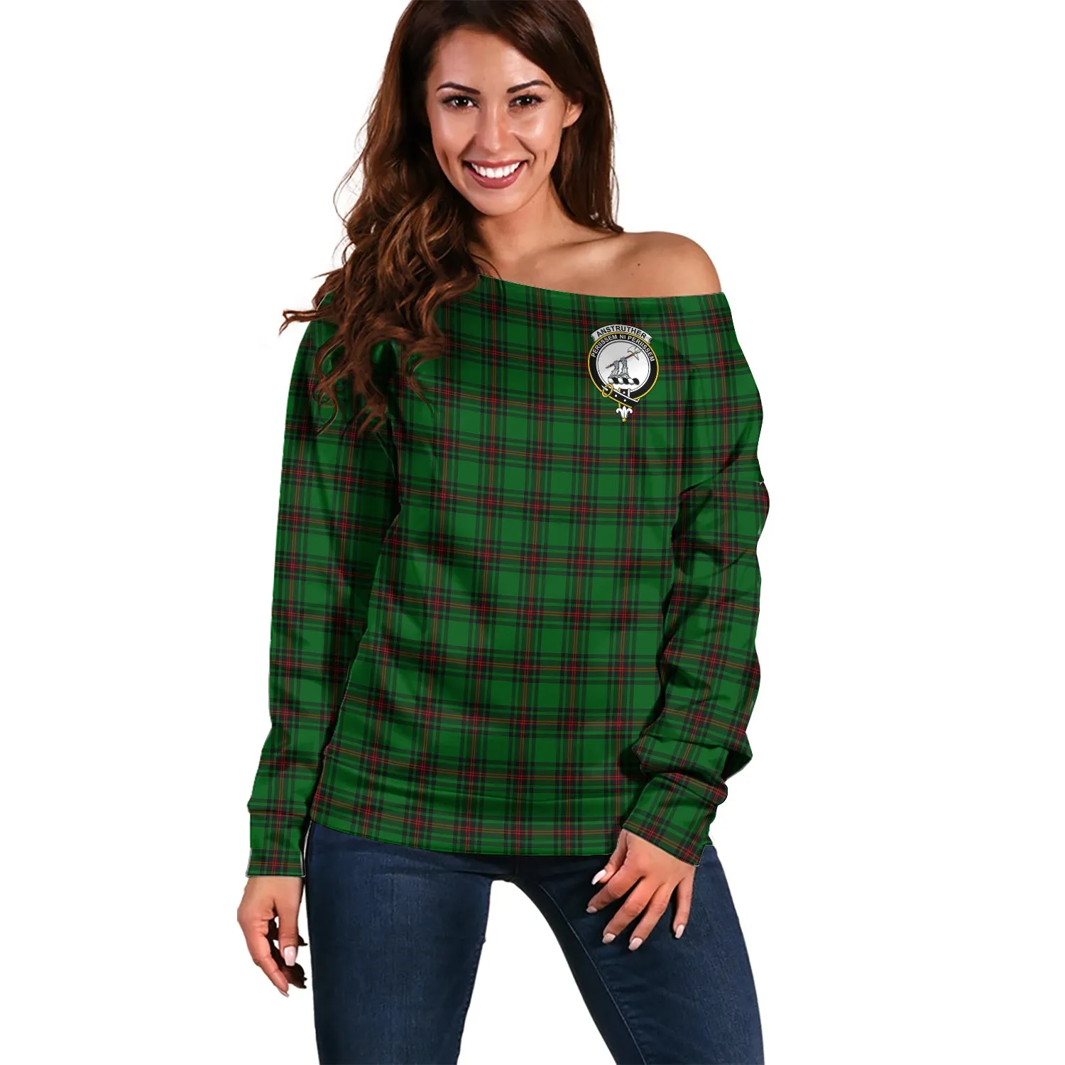 Anstruther Tartan Off Shoulder Women Sweater with Family Crest