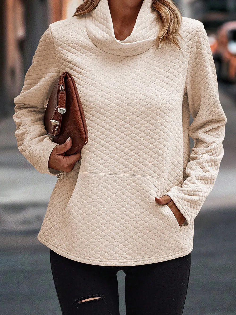 Apricot Quilted High Neck Sweatshirt with Kangaroo Pocket