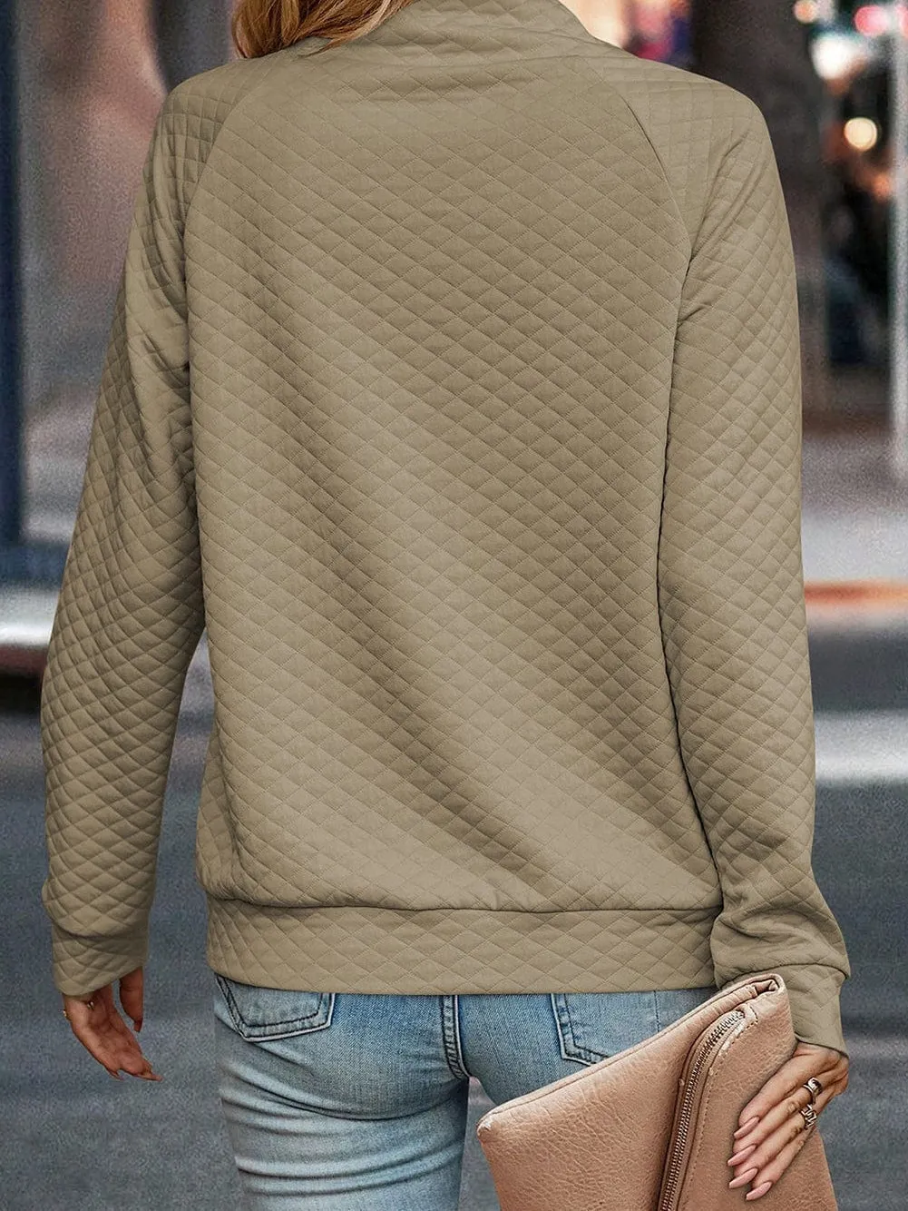 Apricot Quilted Stand Neck Button Detail Pullover Sweatshirt