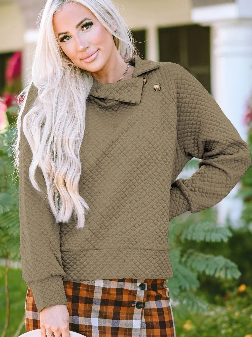 Apricot Quilted Stand Neck Button Detail Pullover Sweatshirt