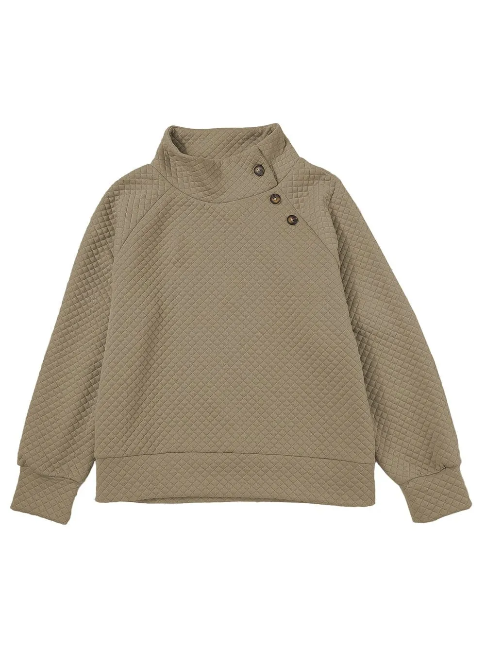 Apricot Quilted Stand Neck Button Detail Pullover Sweatshirt