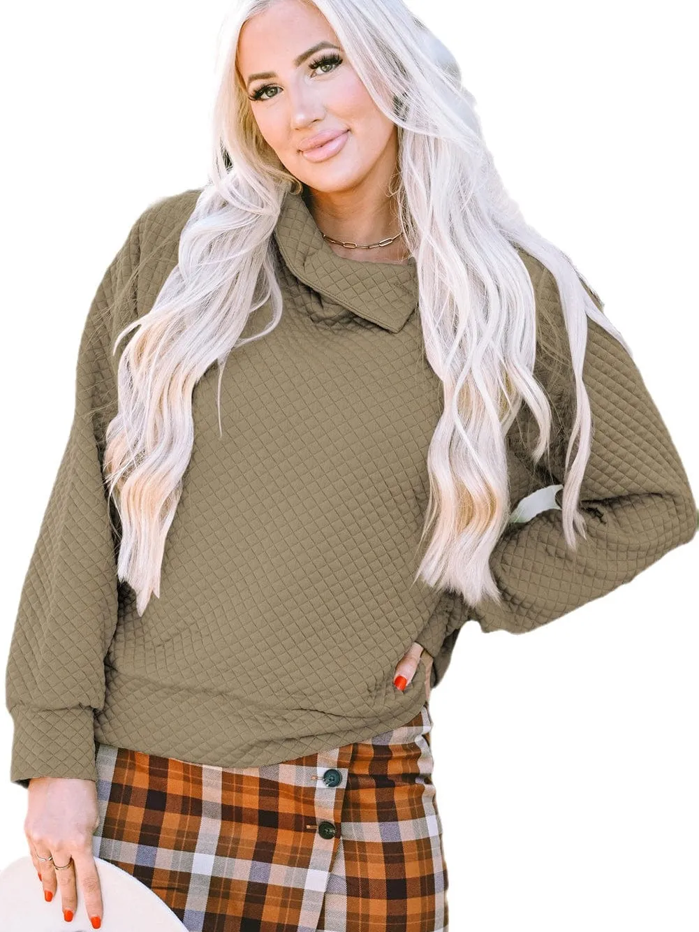 Apricot Quilted Stand Neck Button Detail Pullover Sweatshirt