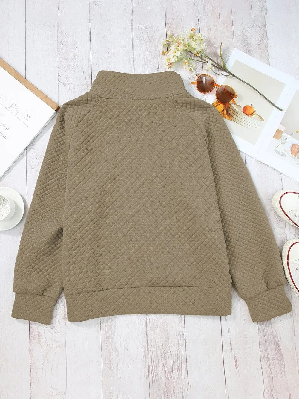 Apricot Quilted Stand Neck Button Detail Pullover Sweatshirt