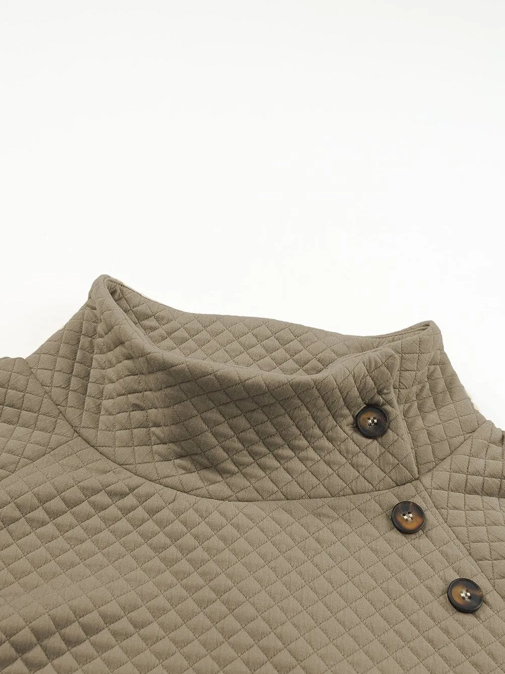 Apricot Quilted Stand Neck Button Detail Pullover Sweatshirt