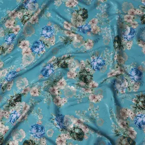 Aqua Blue Floral Silk Satin Fabric with Metallic Accents, Width 140 cm, South Korea-D21289