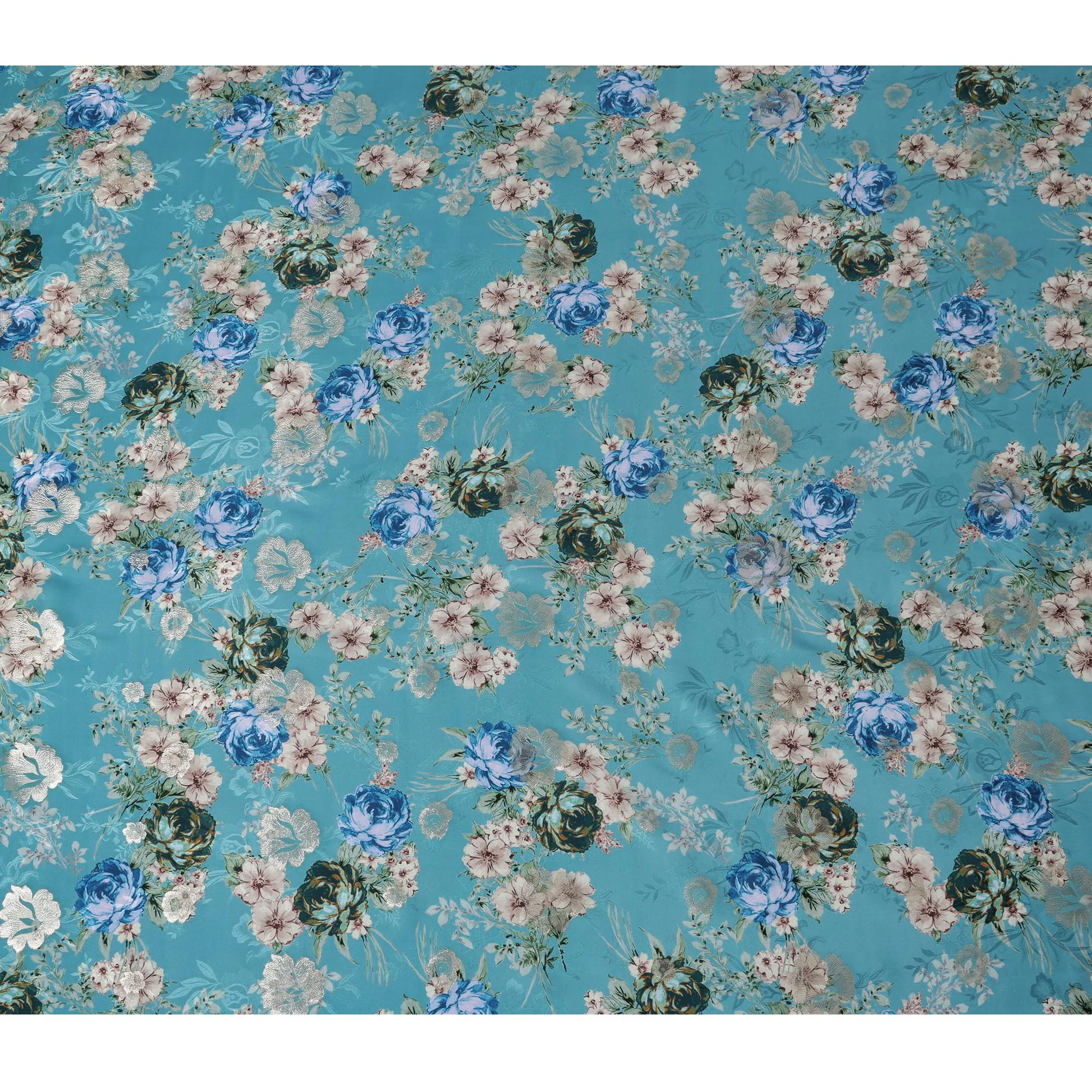 Aqua Blue Floral Silk Satin Fabric with Metallic Accents, Width 140 cm, South Korea-D21289