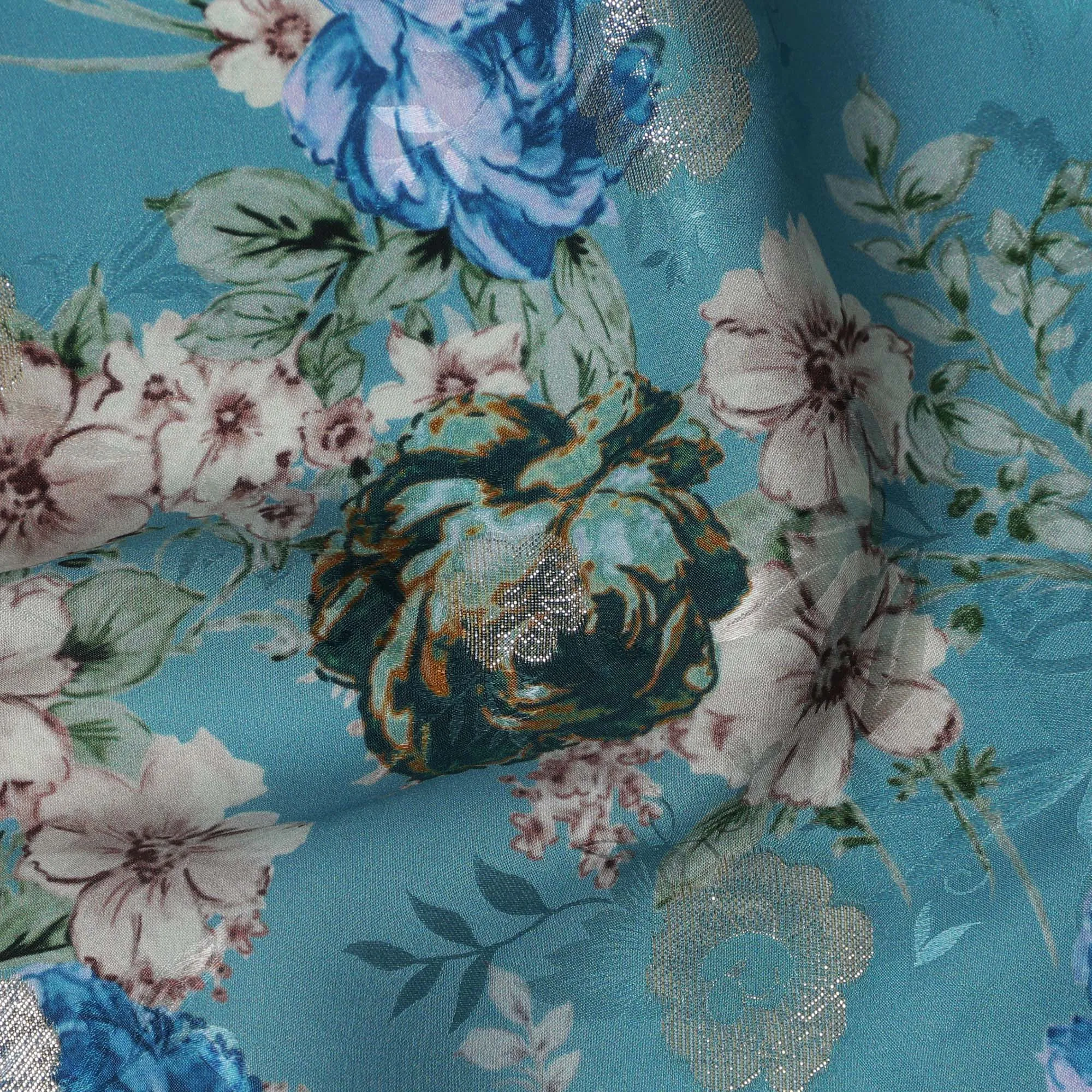 Aqua Blue Floral Silk Satin Fabric with Metallic Accents, Width 140 cm, South Korea-D21289