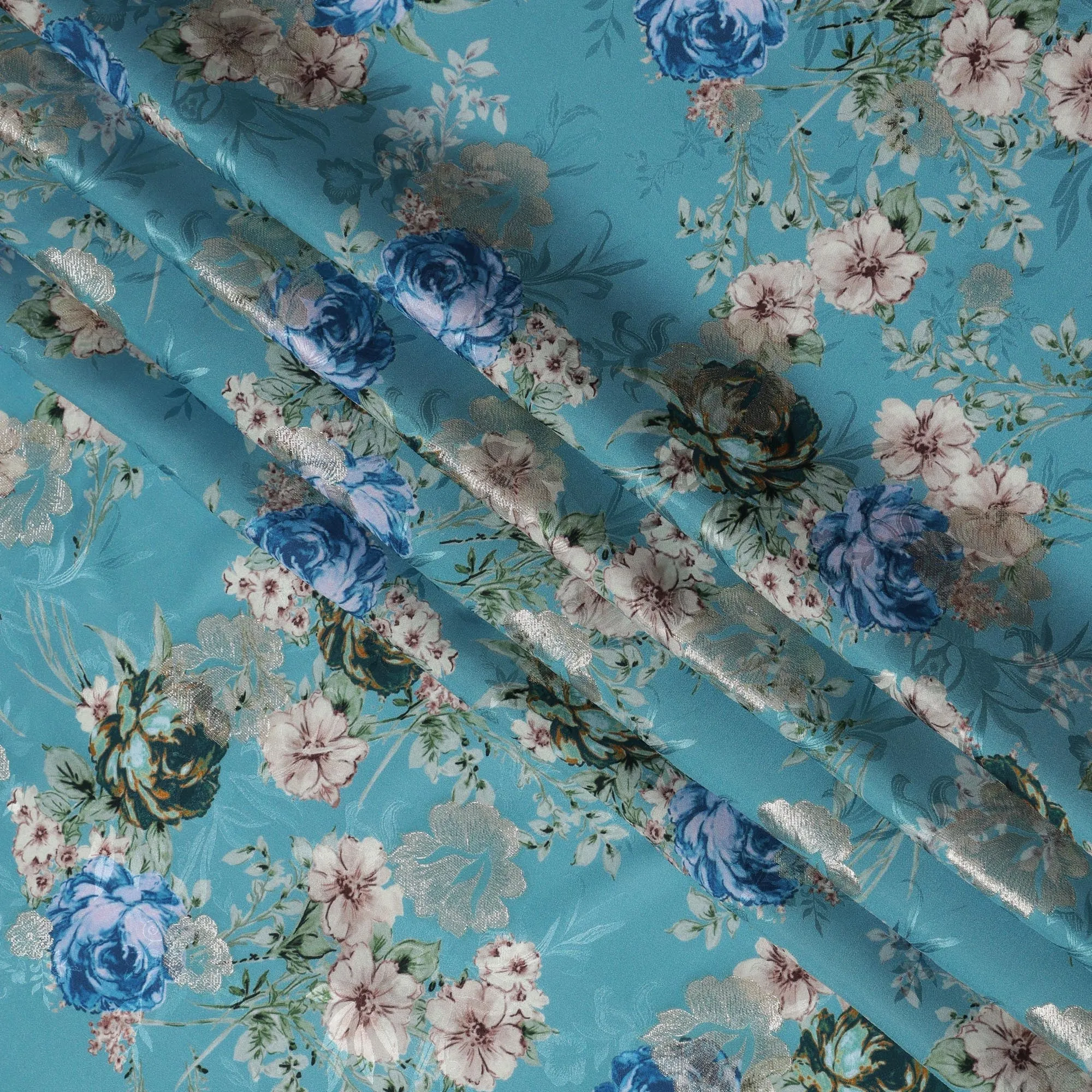 Aqua Blue Floral Silk Satin Fabric with Metallic Accents, Width 140 cm, South Korea-D21289