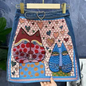 Art illustration cat head embroidery, heavy bead belt denim skirt  3531