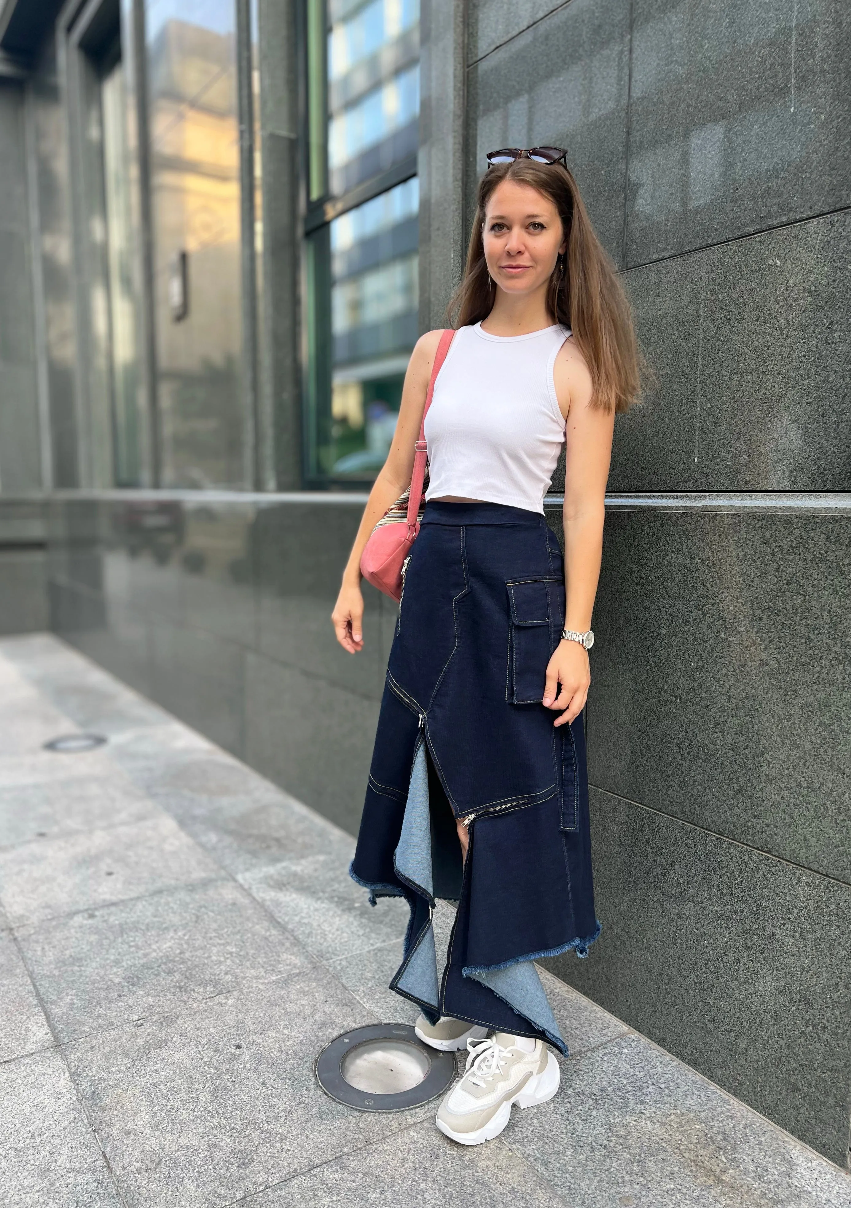 Asymmetric Denim Long Skirt with Zippers