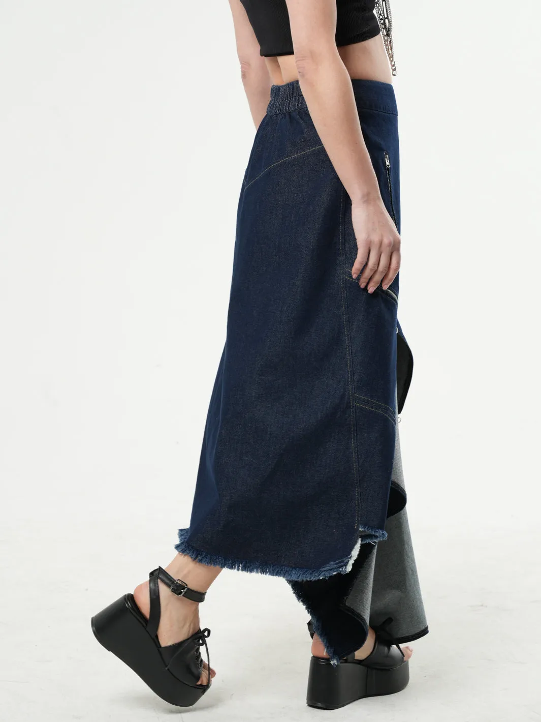 Asymmetric Denim Long Skirt with Zippers