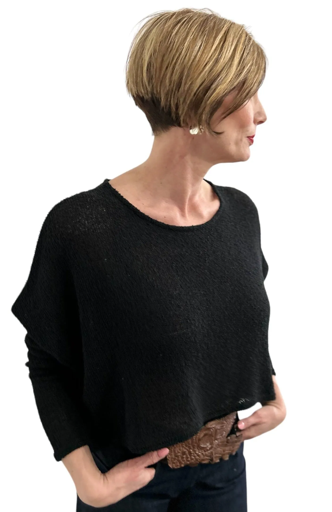 Asymmetric Knit Sweater Round Neck Black