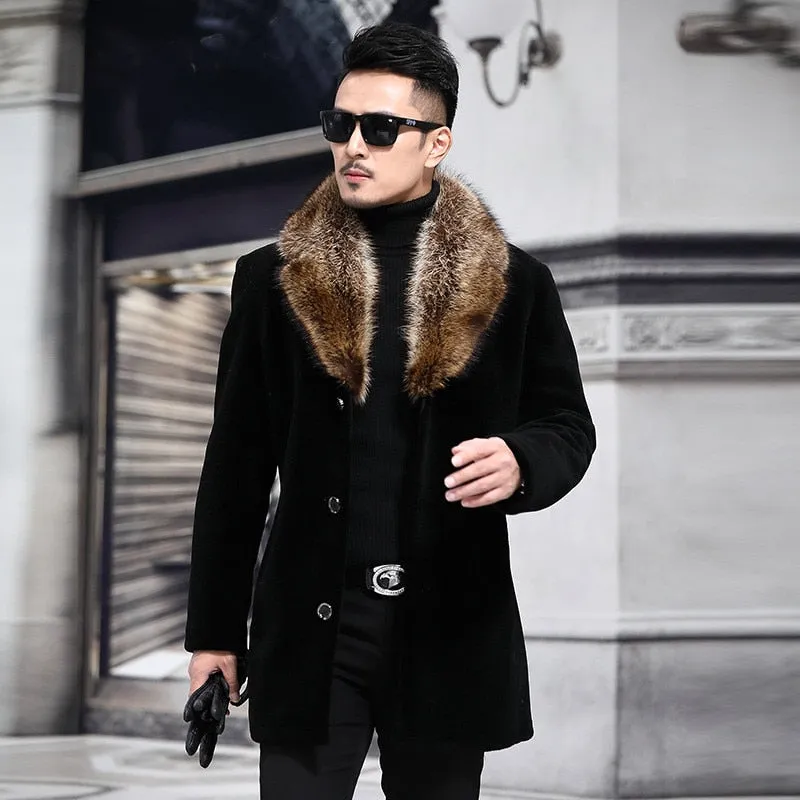 Autumn Woollen Blend With Artifical Fur Collar Men Coat