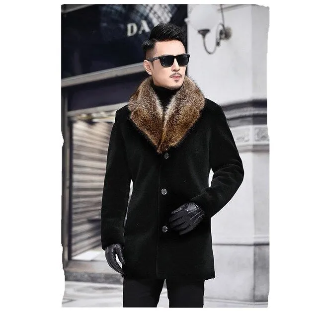 Autumn Woollen Blend With Artifical Fur Collar Men Coat