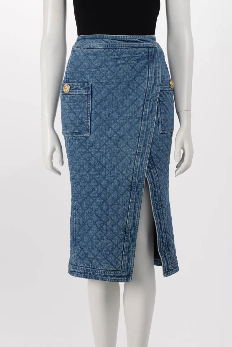 Balmain Blue Quilted Denim Pencil Skirt FR 36