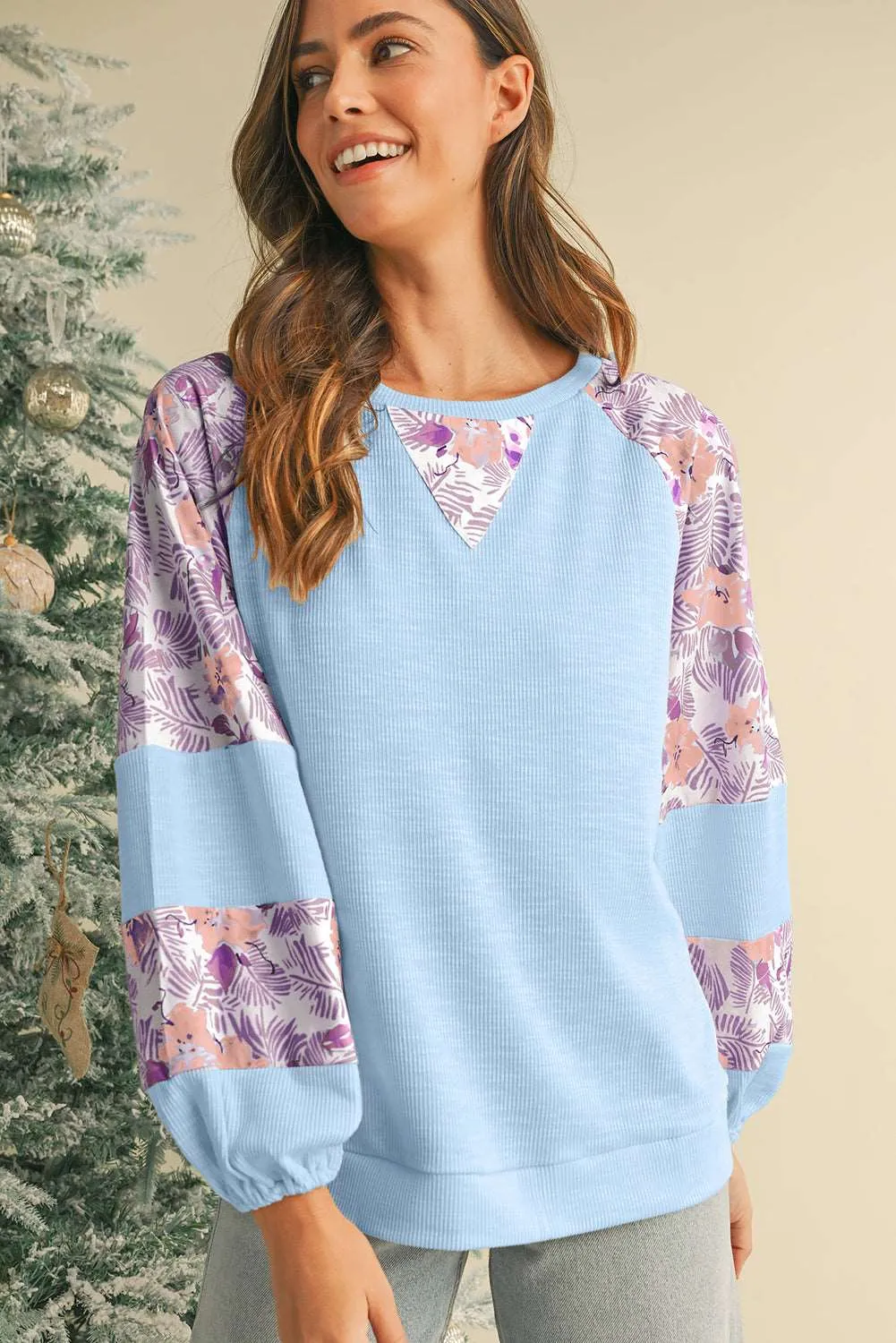 Beau Blue Crinkle Rib Floral Patchwork Balloon Sleeve Top