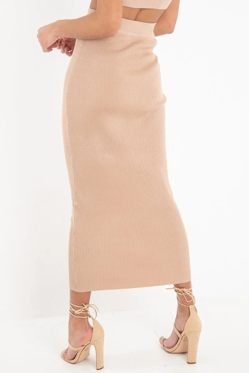 Beige Rib Knitted Midi Skirt - Kloey