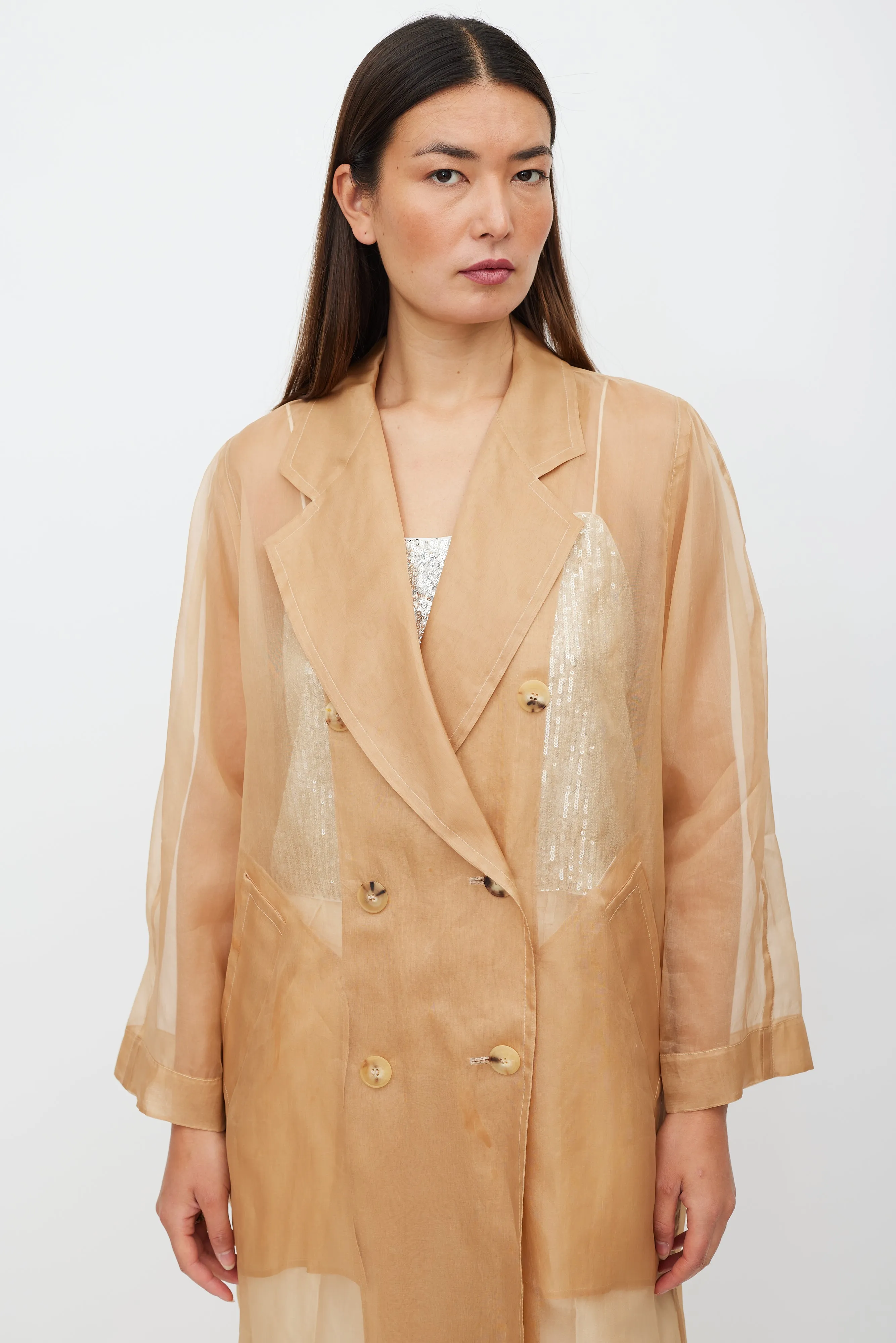 Beige Sheer Silk Double Breasted Trench Coat