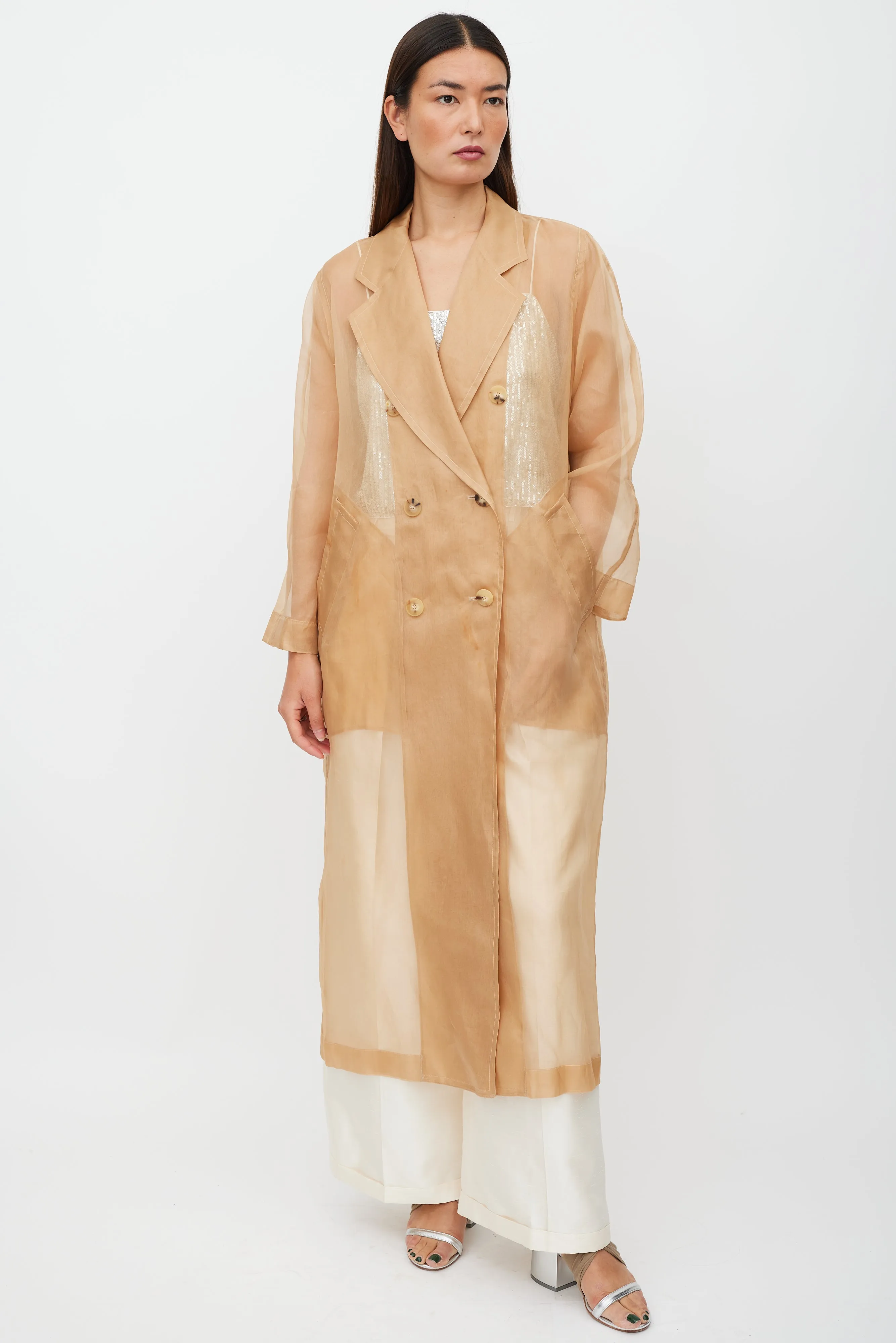 Beige Sheer Silk Double Breasted Trench Coat