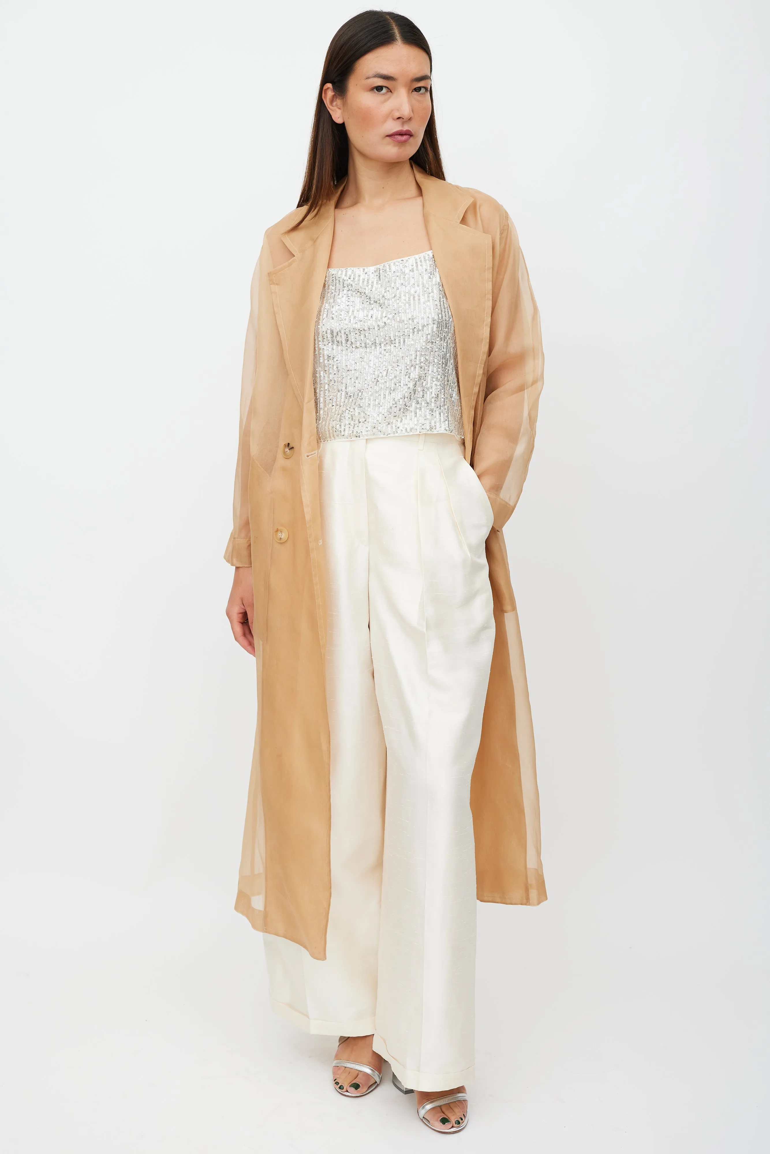 Beige Sheer Silk Double Breasted Trench Coat