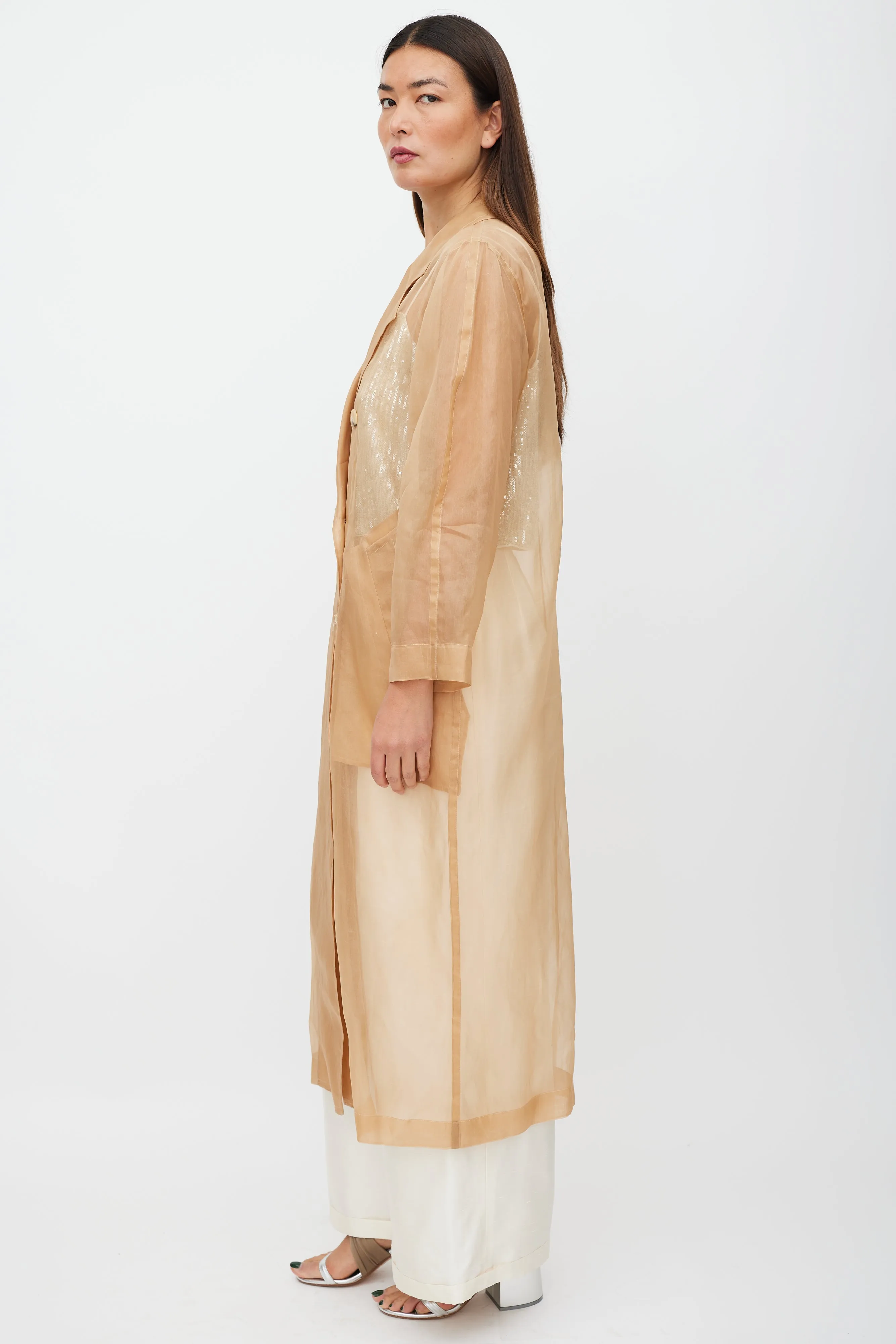 Beige Sheer Silk Double Breasted Trench Coat