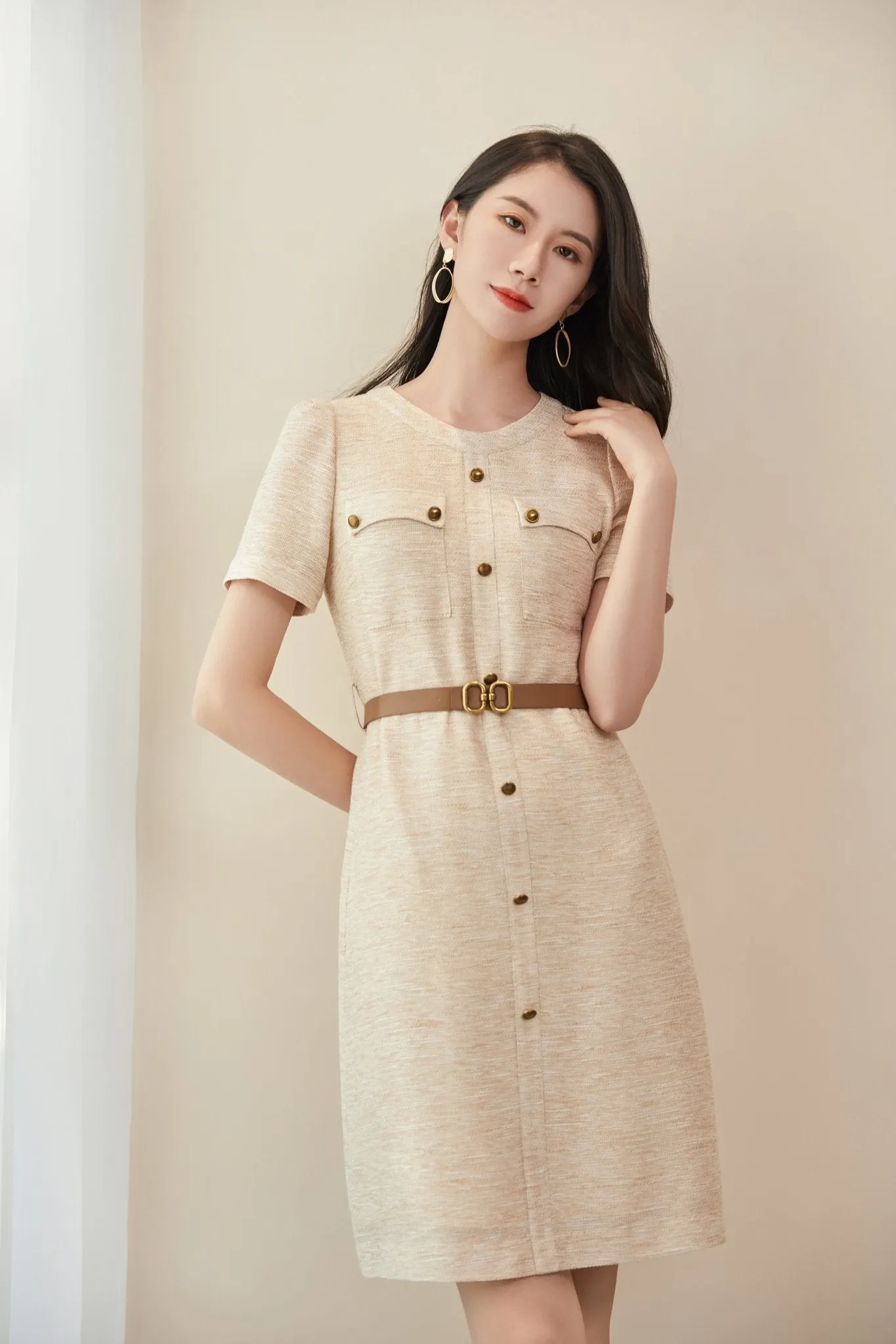 Beige Short Sleeve Belt Button Dress