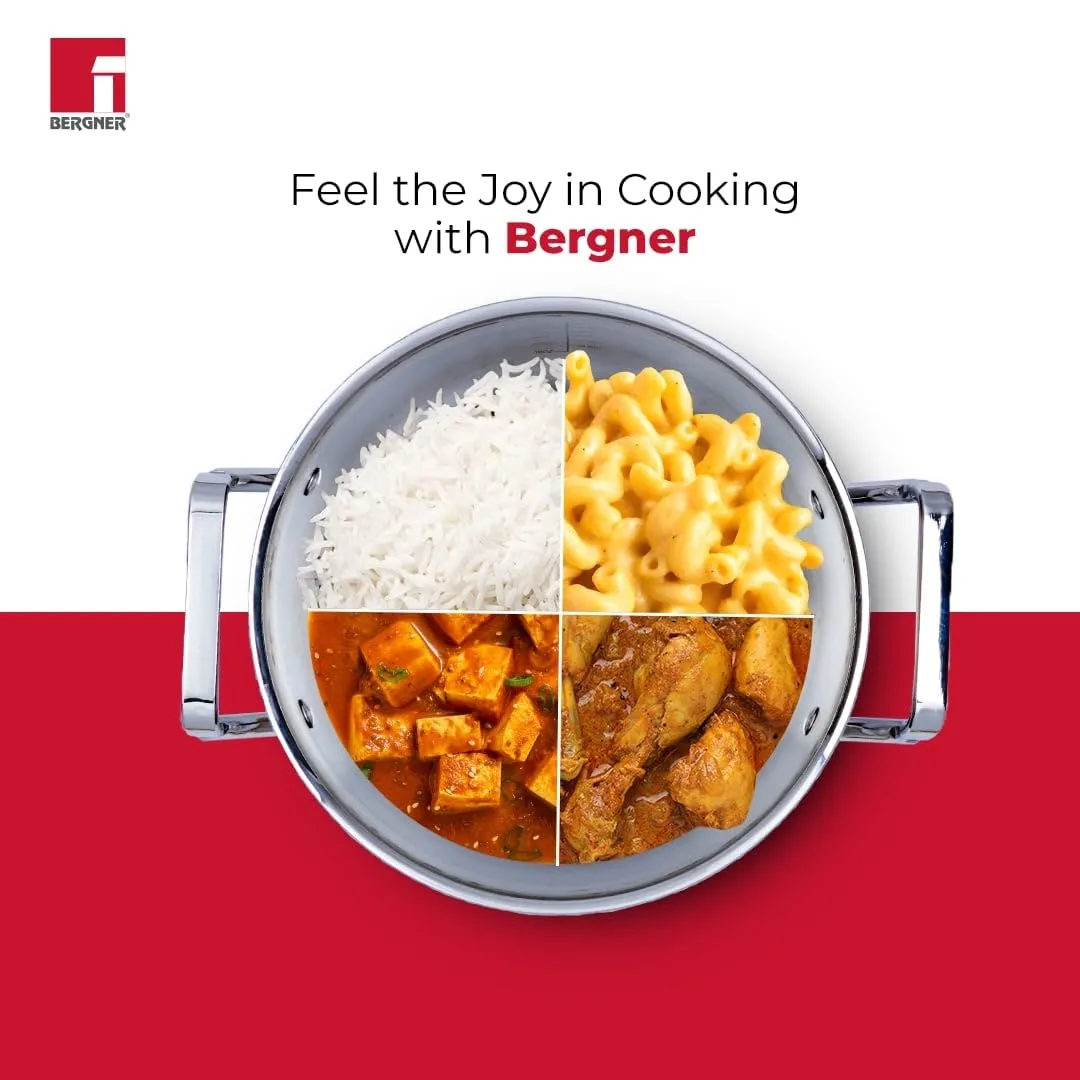 Bergner Tripro Triply 22 cm Casserole, 2.8 L Capacity, Stainless Steel Lid, For Biryani/Pulao/Halwa/Curries, Wide Handles, Induction & Gas Ready, Laser-Etched Scale, Multi-Layered & Polished, 5-Year Warranty