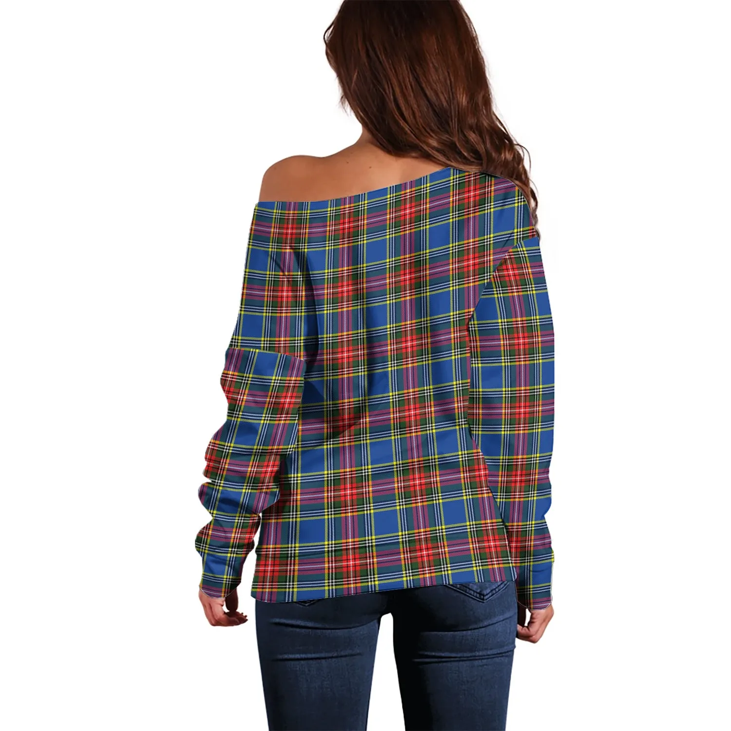 Bethune Tartan Off Shoulder Women Sweater with Family Crest