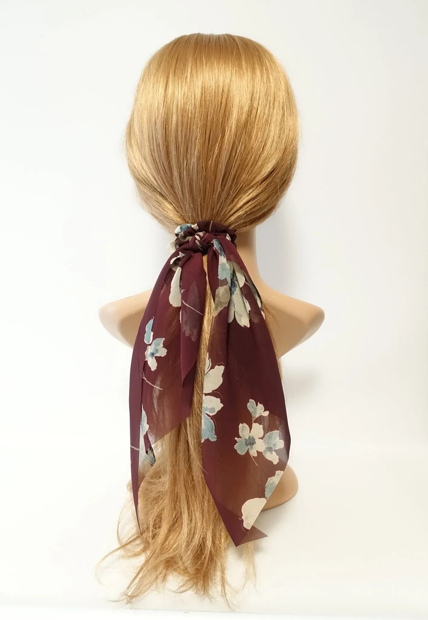 big flower plant print long tail chiffon scrunchies stylish women hair elastic accessory